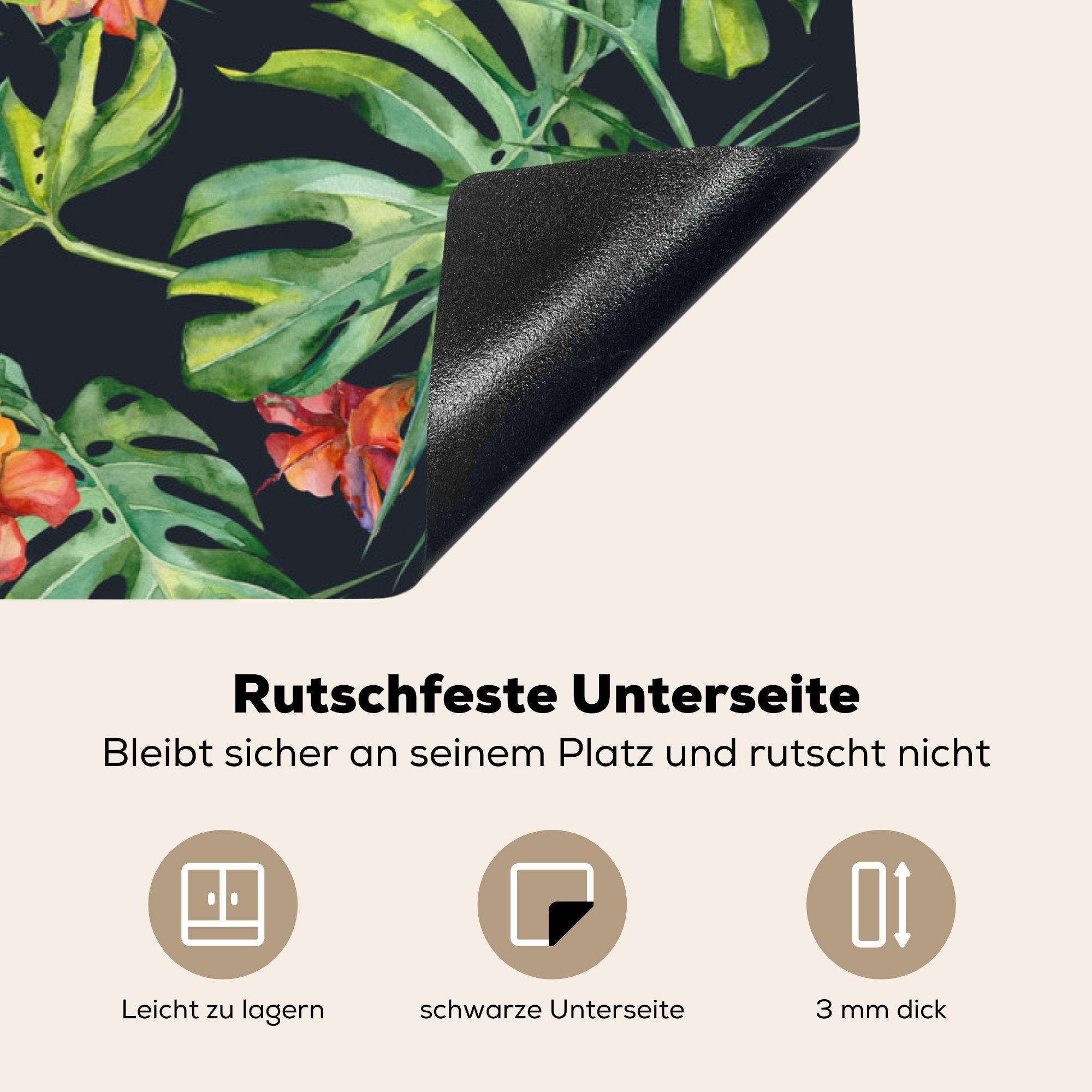 83x51 Blumen - Vinyl, (1 cm, Tropisch, - küche - tlg), Dschungel für MuchoWow Herdblende-/Abdeckplatte Arbeitsplatte Ceranfeldabdeckung, Blätter