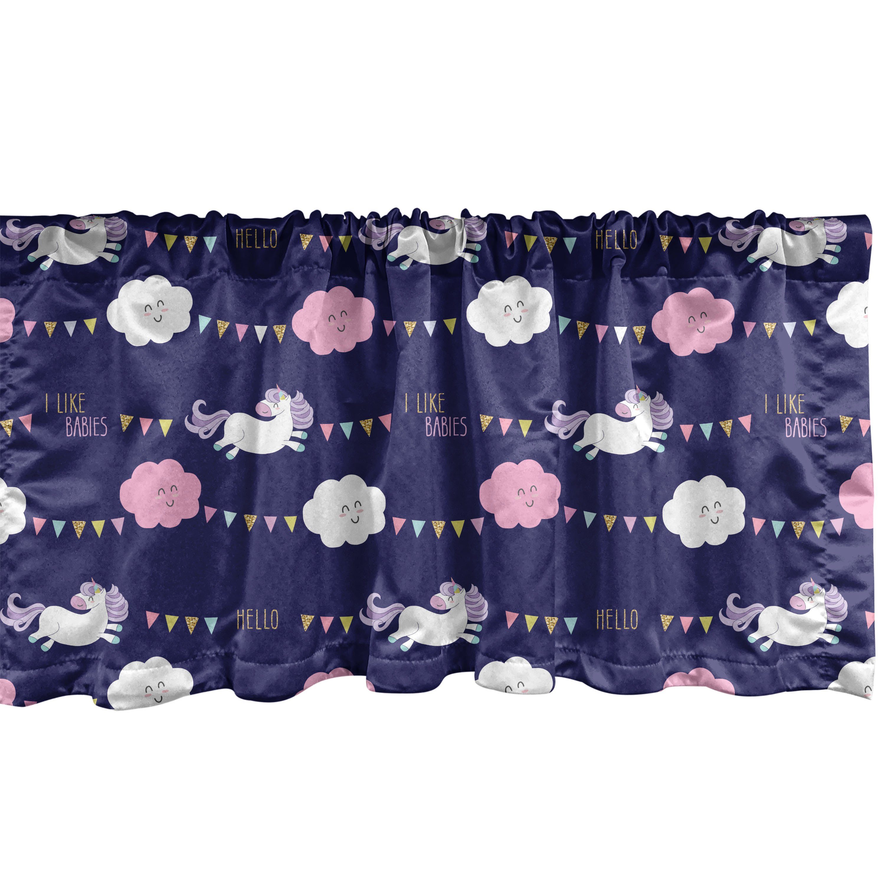 Scheibengardine Vorhang Volant für Küche Schlafzimmer Dekor mit Stangentasche, Abakuhaus, Microfaser, Karikatur Unicorn-Party Flags Wolken