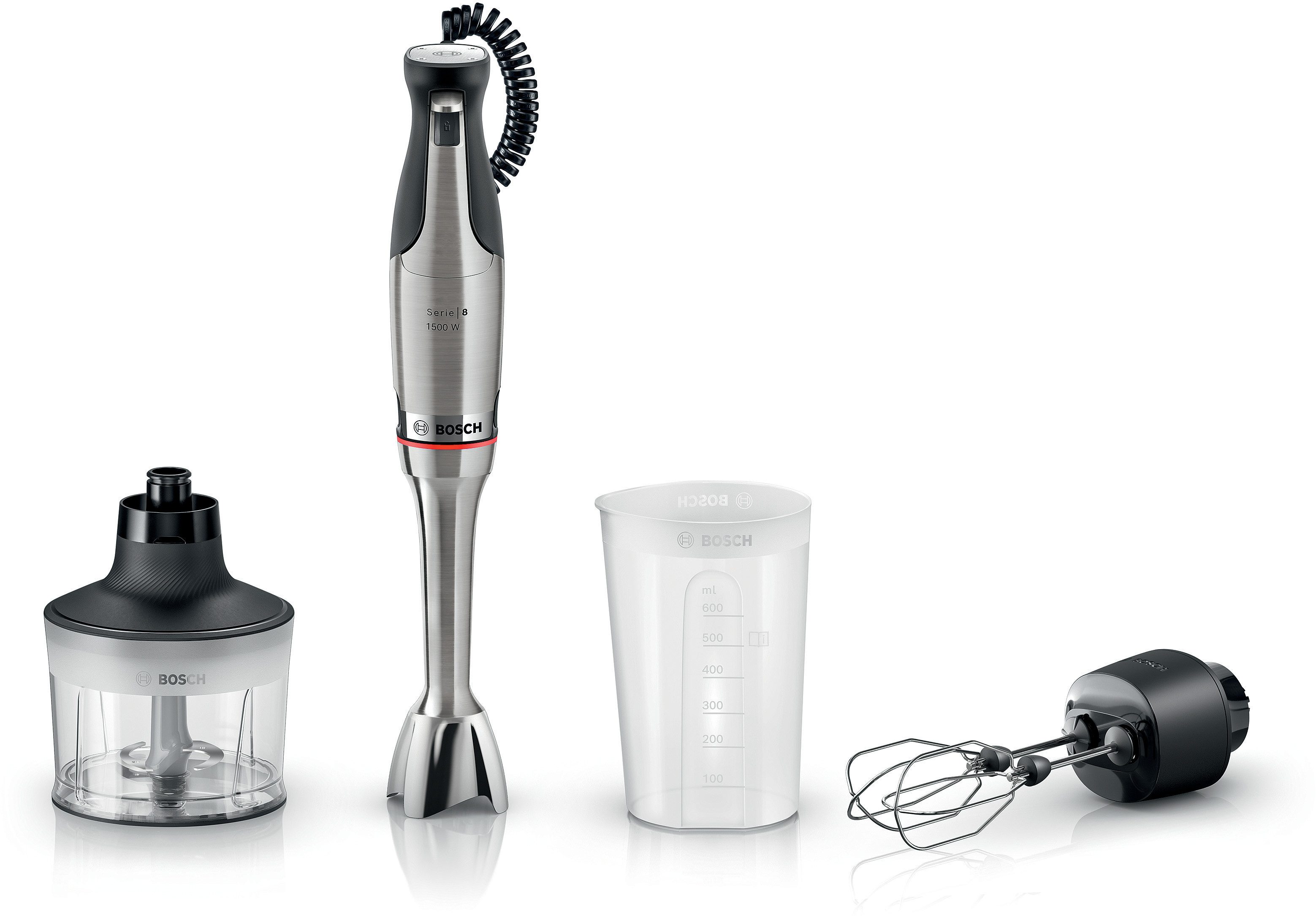 BOSCH Stabmixer ErgoMaster Serie 8, MSM8M934, Doppelschneebesen, Becher, Zerkleinerer, 1500 W, 6 Klingen Edelstahl, Spiralkabel, Keramikkupplung, luftgekühlter Motor