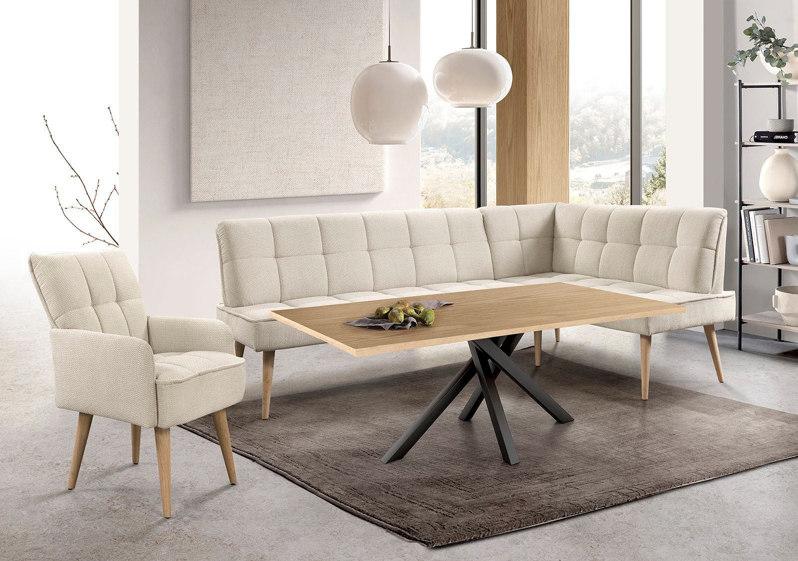 exxpo - sofa fashion Eckbank Latte, moderne Sitz- und Rückensteppung, bequem und elegant, hoher Holzfuß