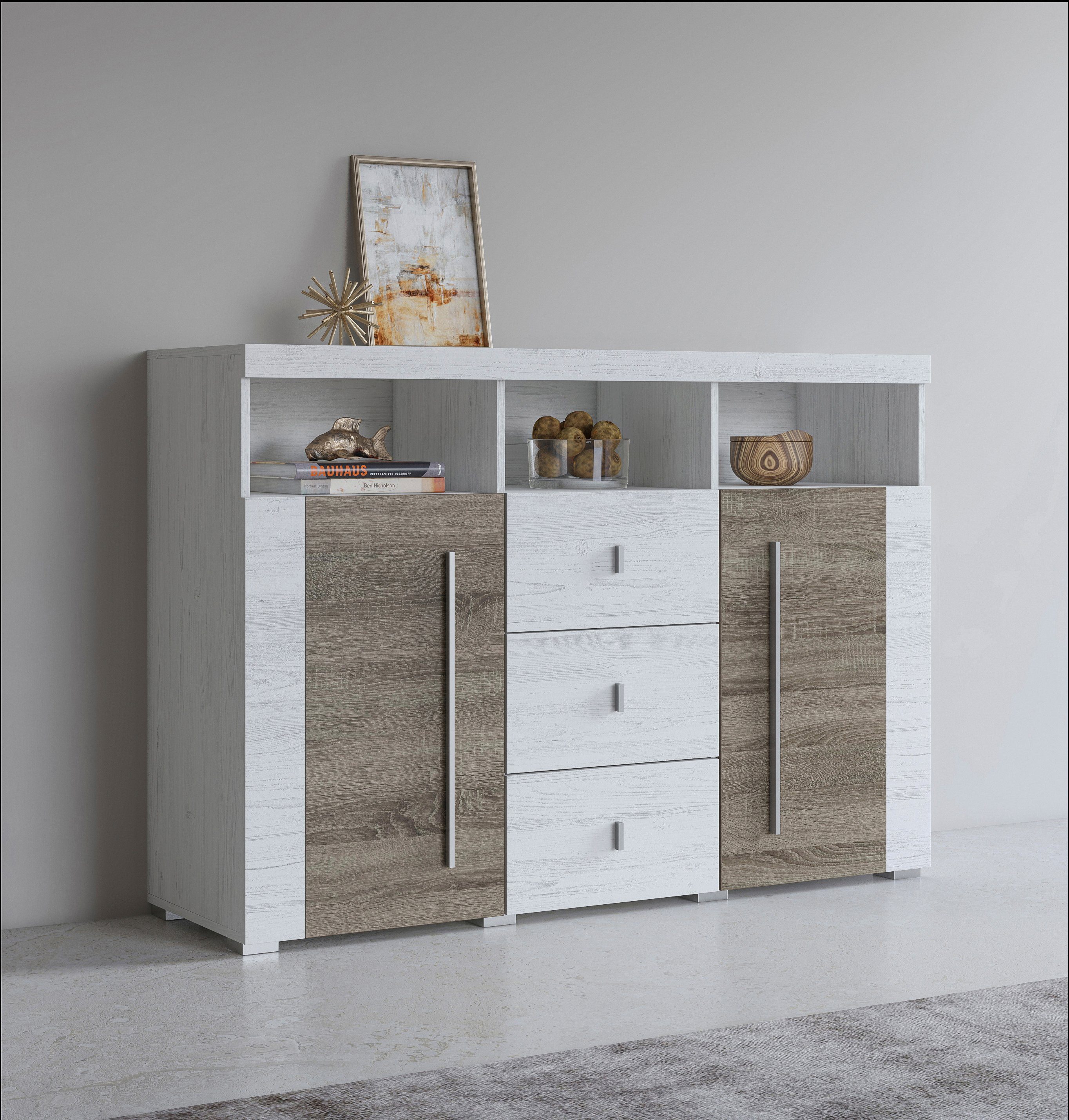 Helvetia Sideboard Roger,Breite 132cm, stilvolle Schrank, 2 Holztüren 3 Schubladen, Kommode mit viel Stauraum, Einlegeböden verstellbar