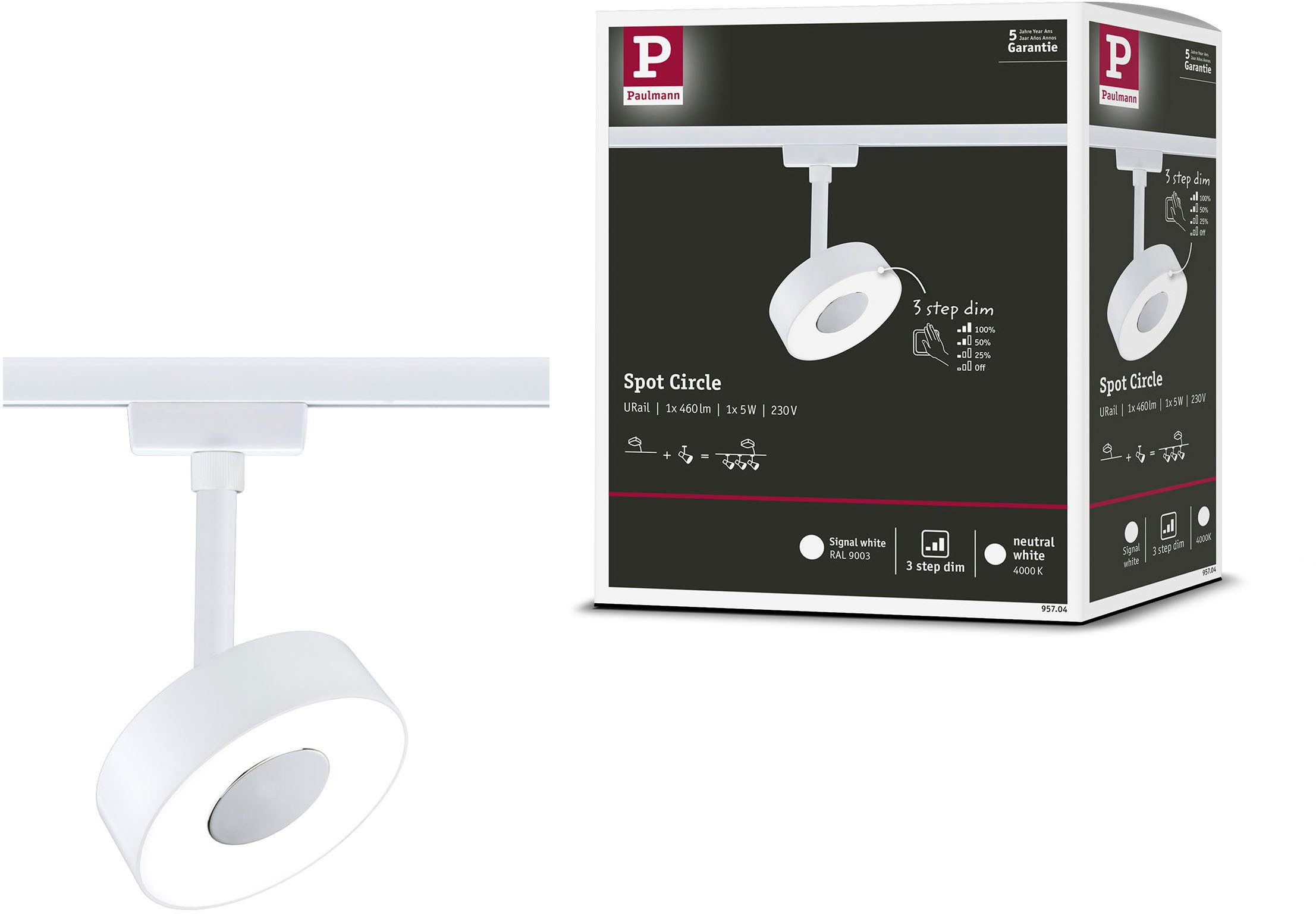 Paulmann Schienensystem-Leuchten URail LED Schienenspot 3-Step-Dim Circle Einzelspot Signalweiß, (1-tlg), Memoryfunktion, mehrere Helligkeitsstufen