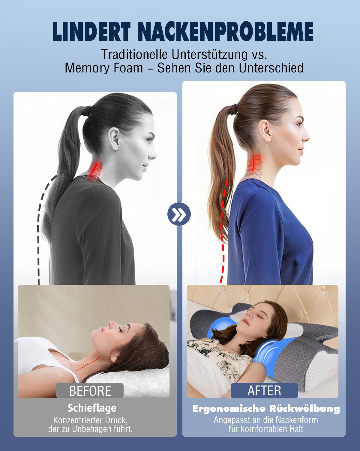 Esun Kopfkissen Orthopädisches Nackenstützkissen Memory Foam Seitenschläferkissen, Füllung: Memory Foam, pillows for sleeping, nackenkissen, ergonomisches kopfkissen, schmetterlingskissen, für Seiten Rücken & Bauchschläfer, Nackenkissen