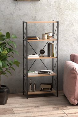 Zeta Interior Bücherregal, Höhe 163cm, mit 5 Regalen, Schwarz und Kiefer Farbe, Metall und Holz