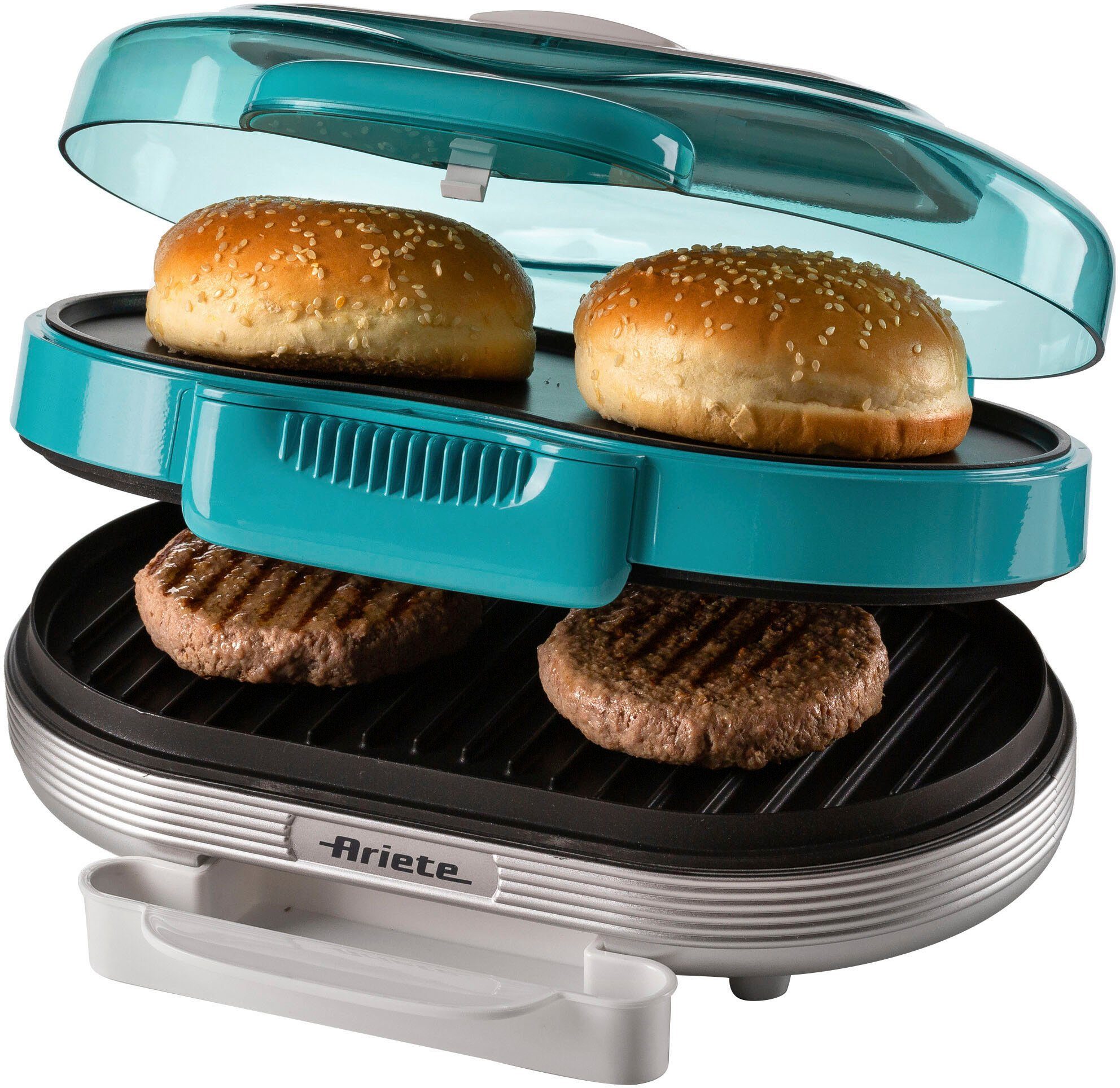 Ariete Hamburger Maker 205B Party Time Hambuger Maker, blau, 1200 W, 2 Grillplatten: unten für Burger und oben für Hamburger Brötchen