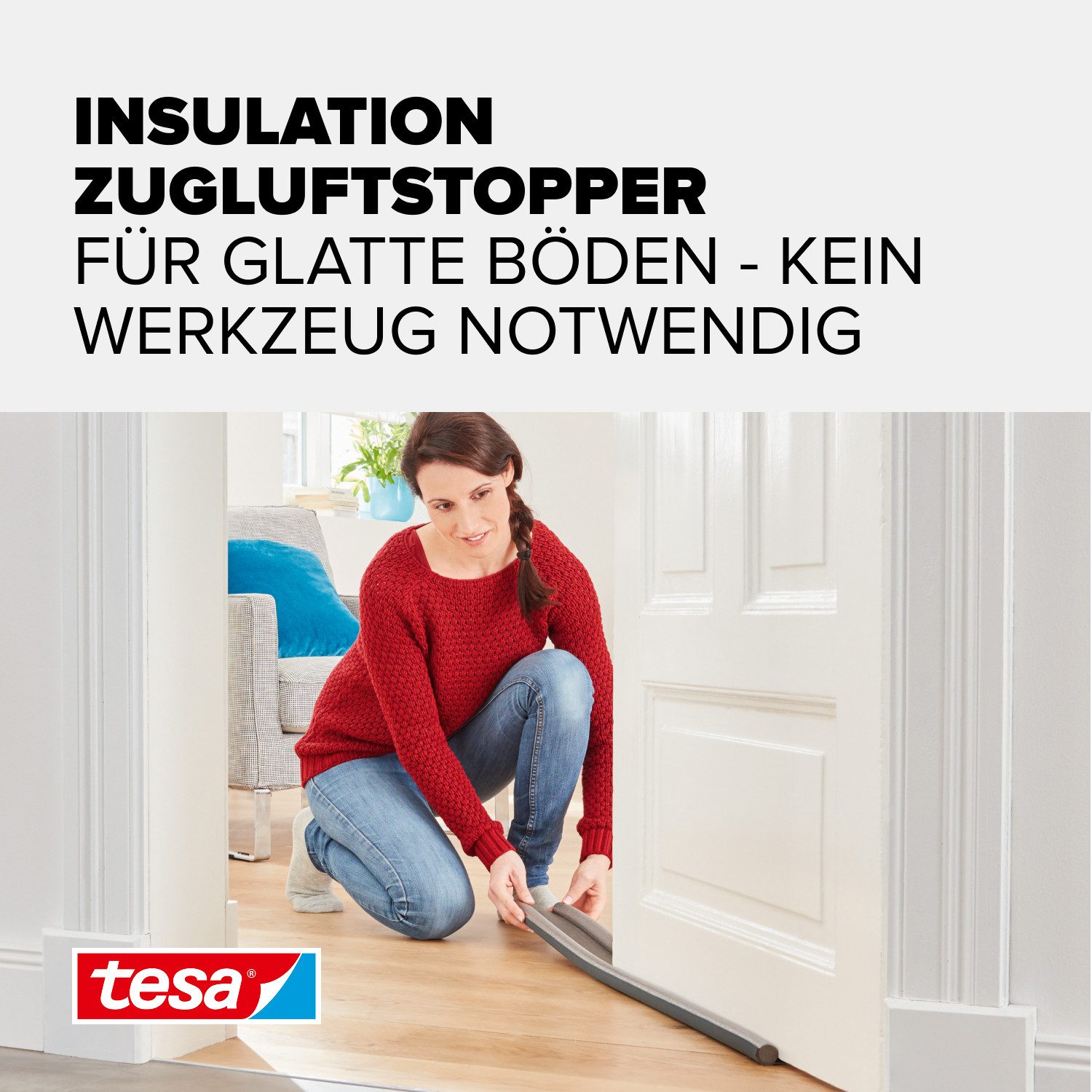 tesa Türbodendichtung INSULATION Zugluftstopper für glatte Böden, (Packung, 1-St., Zugluftstopper Anthrazit - 95 cm x 25 mm, kürzbar), Zuschneidbare Türdichtung zum Schutz vor Zugluft