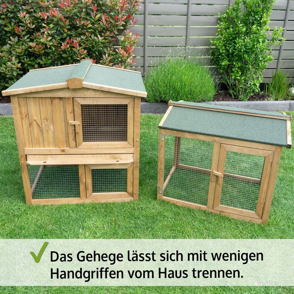 Zooprinz Kleintierstall Hasenstall Kaninchenstall Meister Lampe Winterfest & Wetterfest, Bitumen Klappdach, Rampe, Freilauf Auslauf Gehege, 2 Etagen