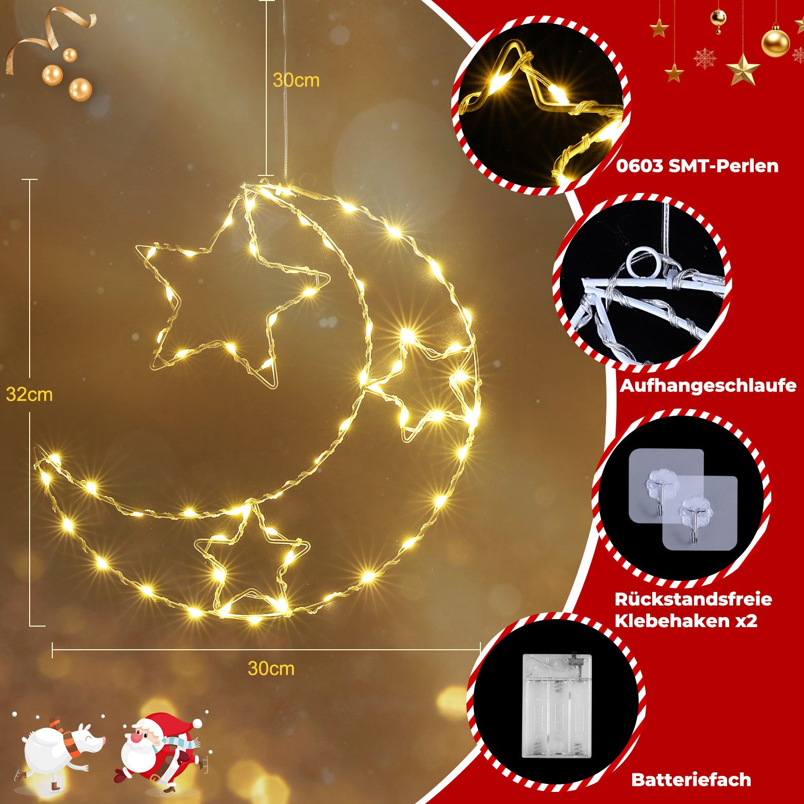 Quntis LED-Lichterkette LED Weihnachtsstern 2er Set, Warmweiße Lichter, Batteriebetrieben, 125-flammig, Weihnachtsdeko für Wand & Fenster mit 2 Haken, Innen IP20