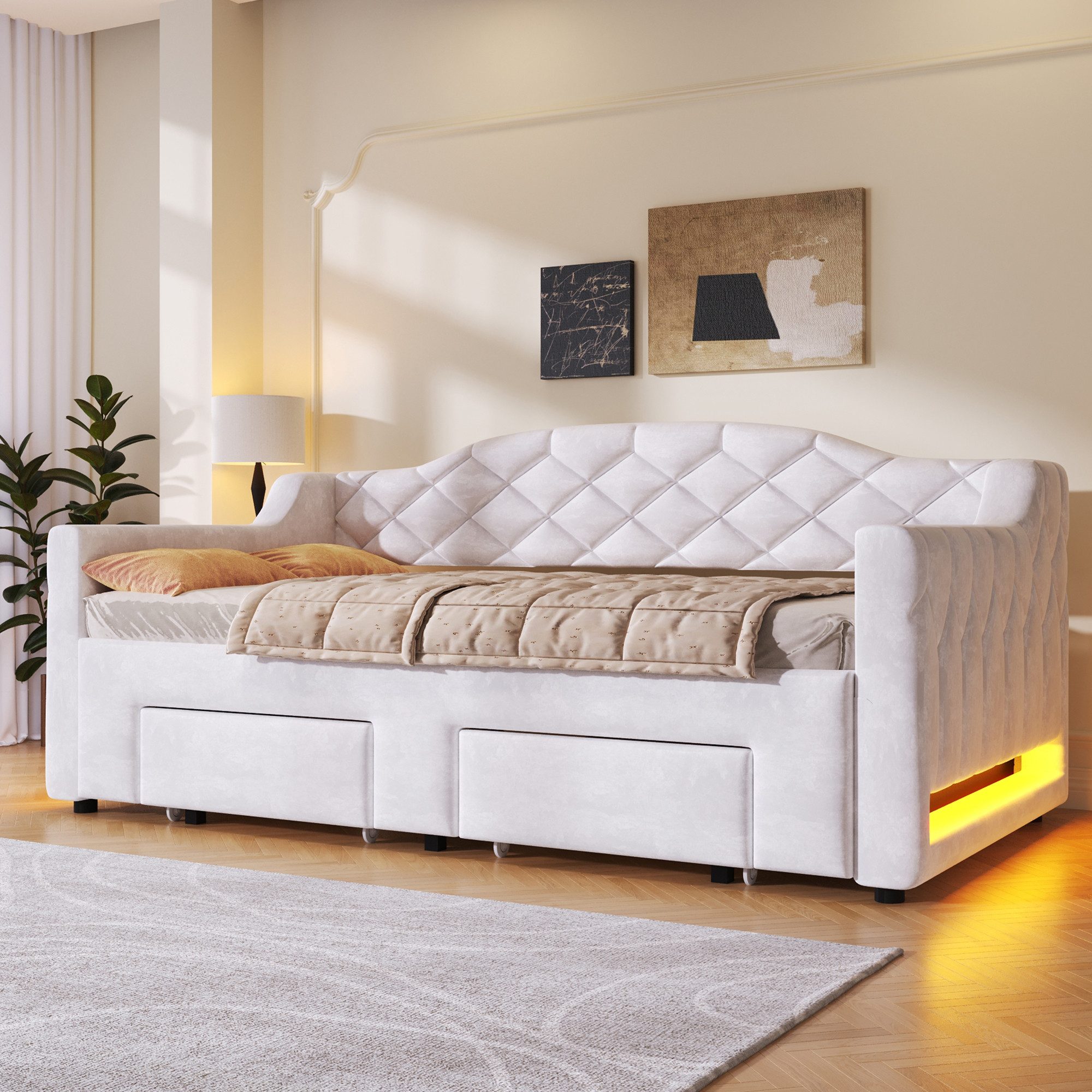 SOFTWEARY Schlafsofa mit Ausziehbett und Stauraum, mit Lattenrost und RGB LED-Streifen, Liegefläche erweiterbar, Polsterbett, Einzel- oder Doppelbett, Tagesbett, Daybett, Samt
