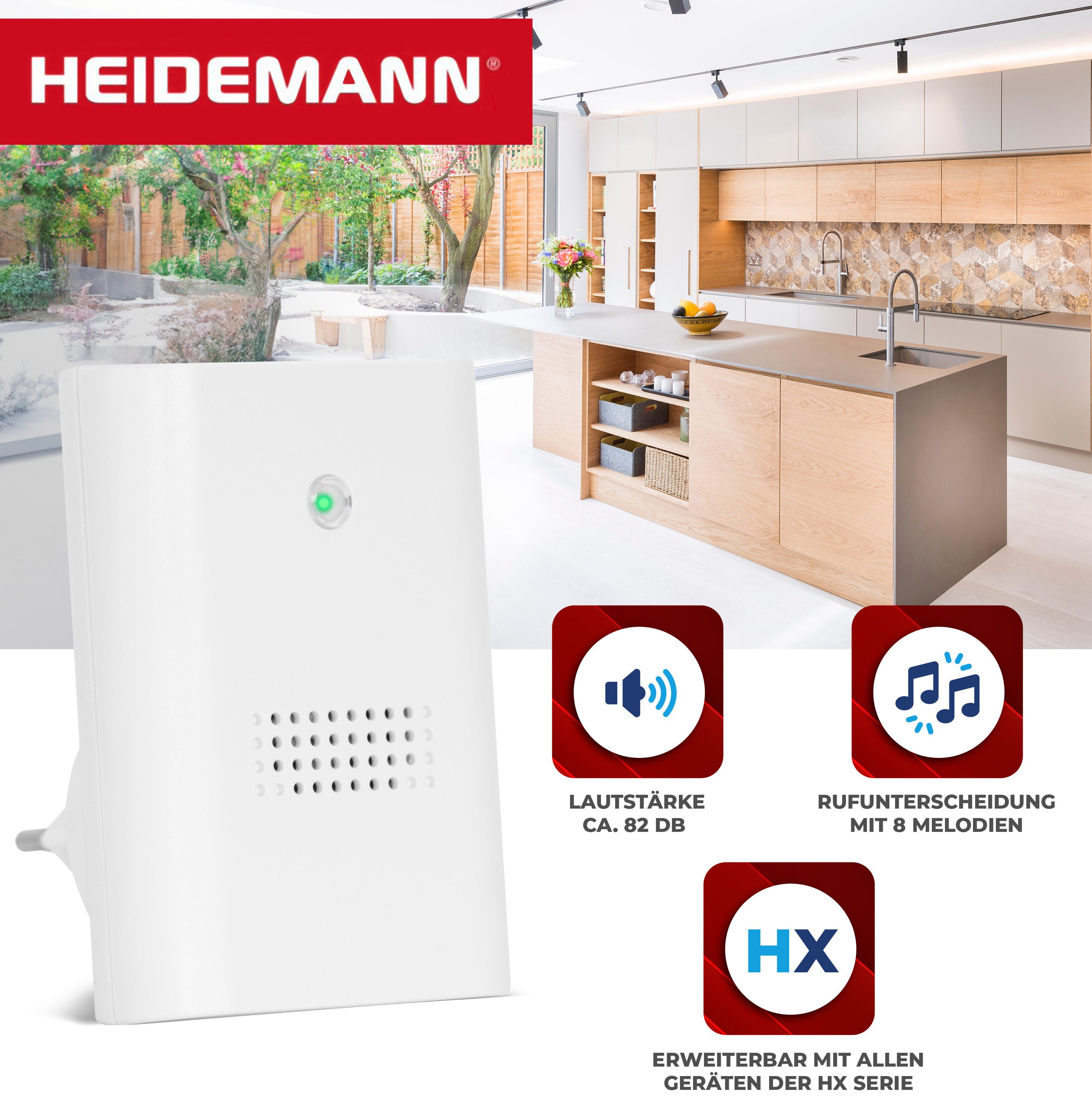 Heidemann Steckdosen-Türgong Heidemann Funkgong-Set HX Plug-in, weiß (2-tlg) HX®-kompatibel, steckdosenbetrieben, 8 Melodien einstellbar