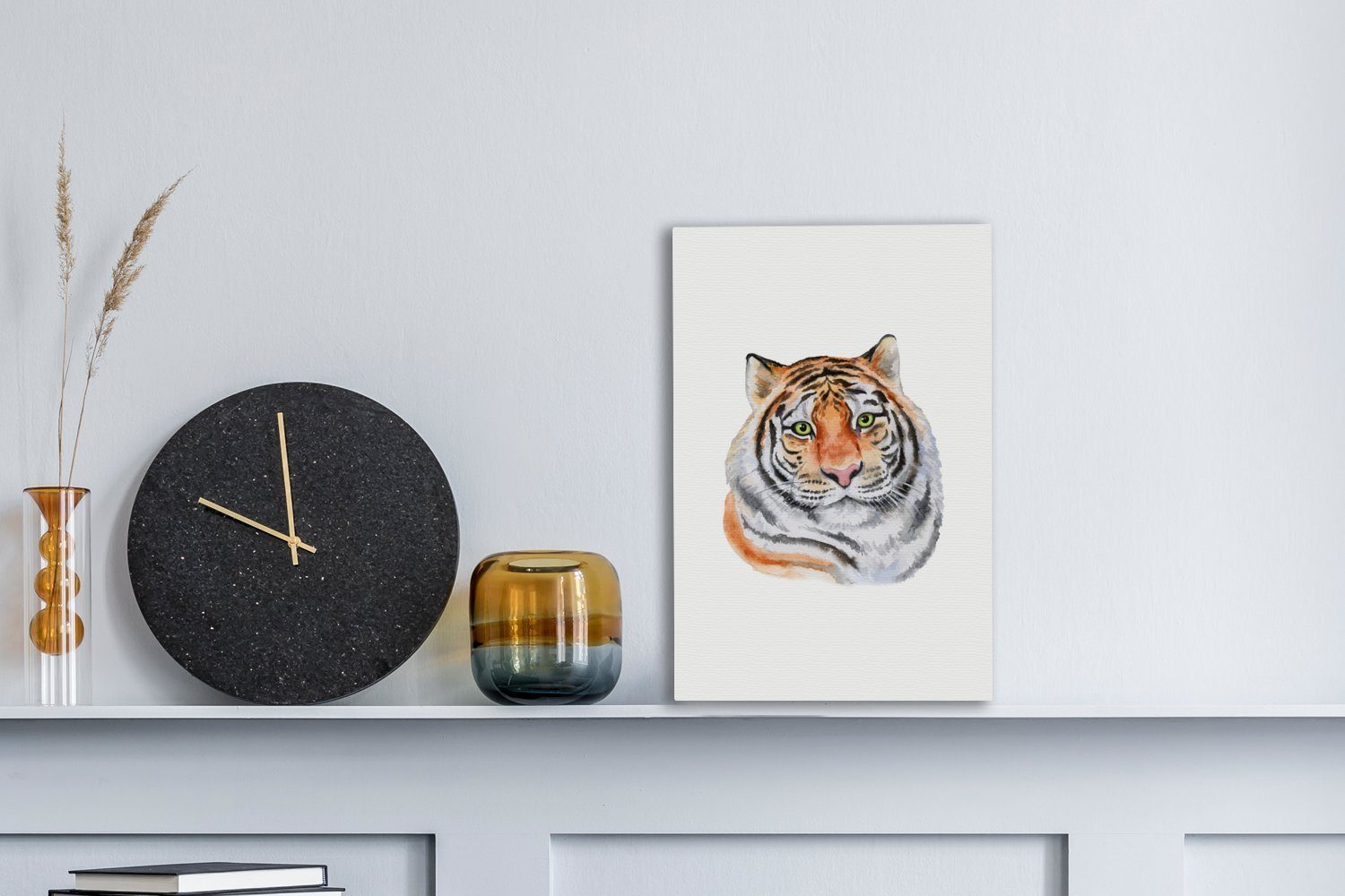 OneMillionCanvasses® Leinwandbild Tiger - bespannt (1 St), - Grün, Leinwandbild 20x30 Kopf Zackenaufhänger, cm inkl. fertig Gemälde