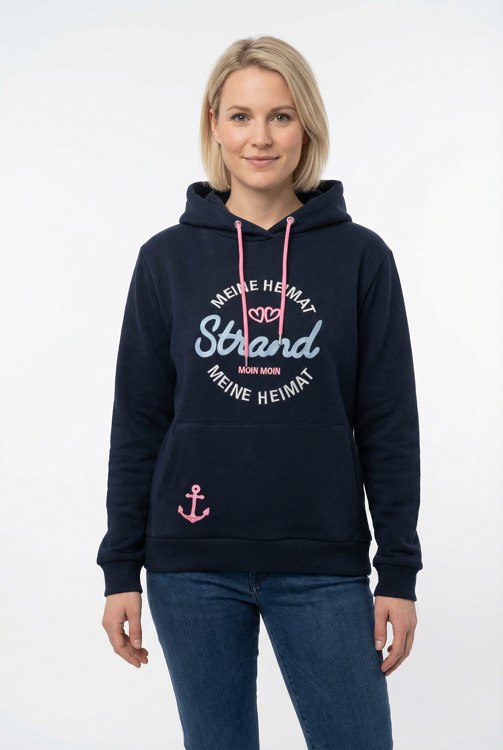 Zwillingsherz Hoodie "Meine Heimat" mit aufgesticktem "Strand"-Schriftzug vorne und hinten