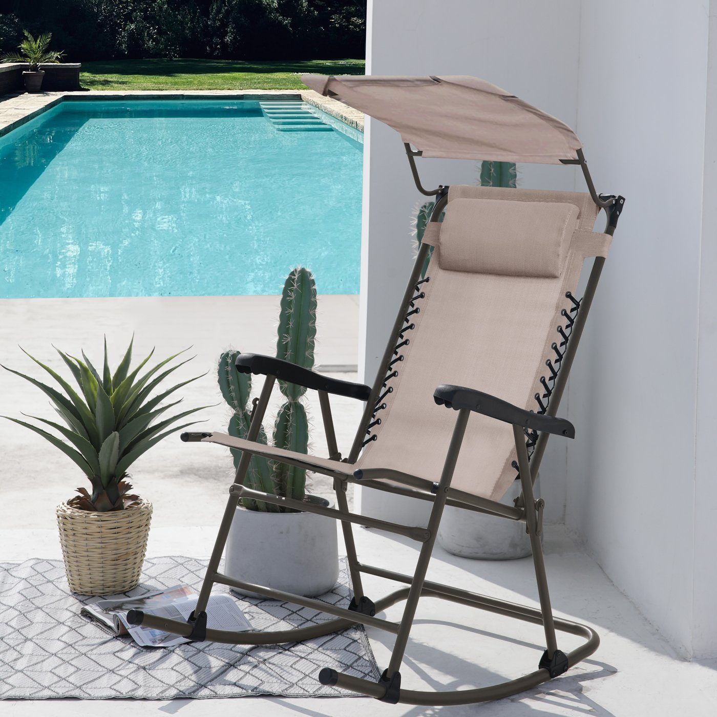 SVITA Schaukelstuhl, faltbar, mit Sonnenschutz, Armlehne, Kopfstütze, Beige günstig online kaufen