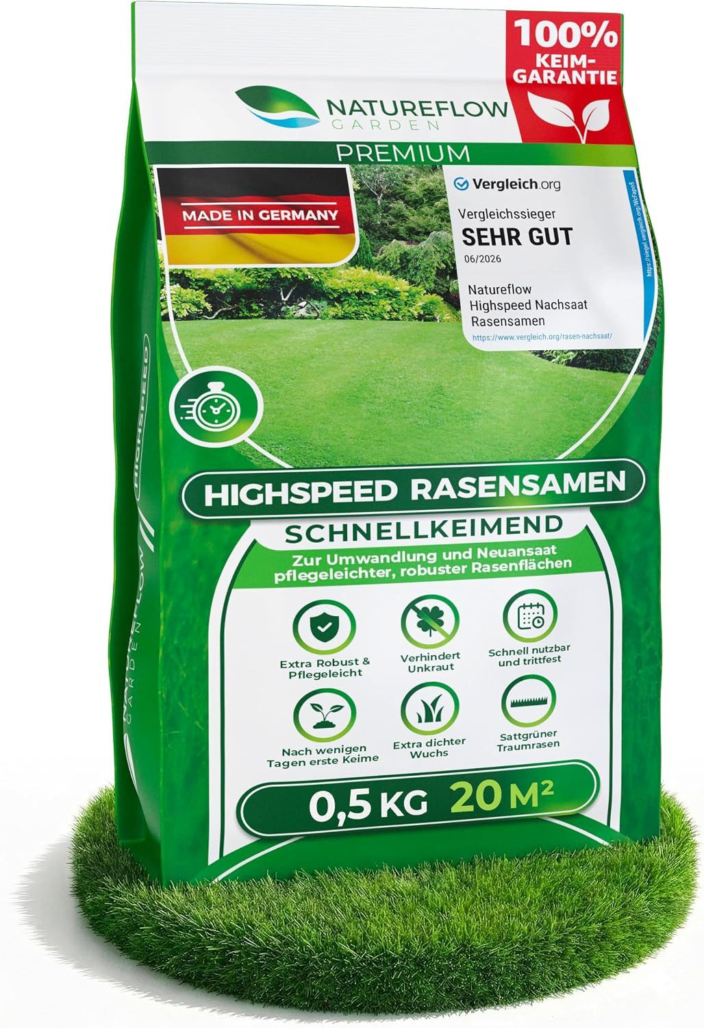 Natureflow Rasensamen schnellkeimend, TEST SEHR GUT, 100% Keimgarantie, 0,5 kg/20 m², 0.5 kg, Trittfester Sport und Spielrasen mit dichtem Wuchs gegen Unkraut