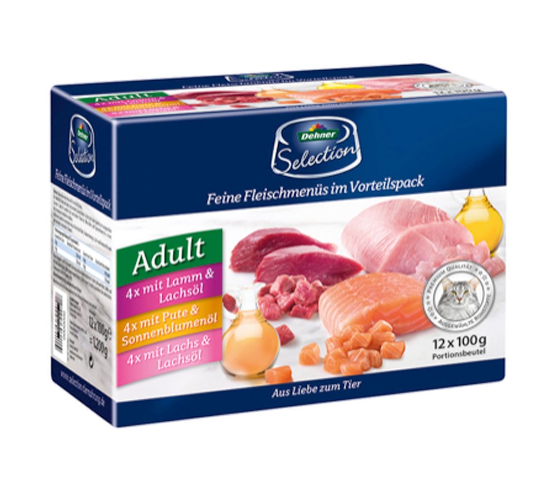 Dehner Premium Multipack Adult Lamm / Pute / Lachs, 12 x 100 g Beutel Lamm, 1200g, Nassfutter für ausgewachsene Katzen