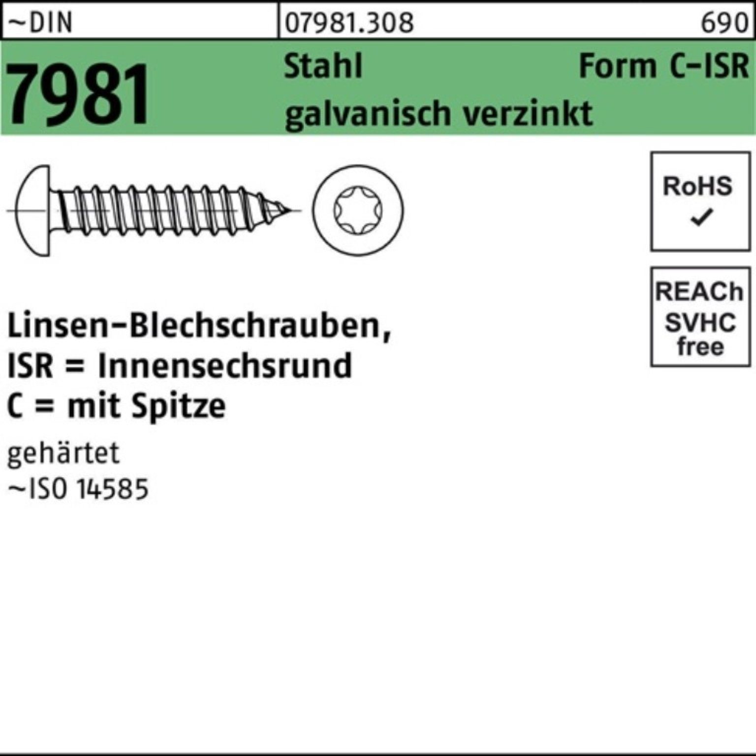 Reyher Blechschraube 500er Pack Blechschraube DIN 7981 LIKO ISR 3,9x45 -C-T20 Stahl galv.ve