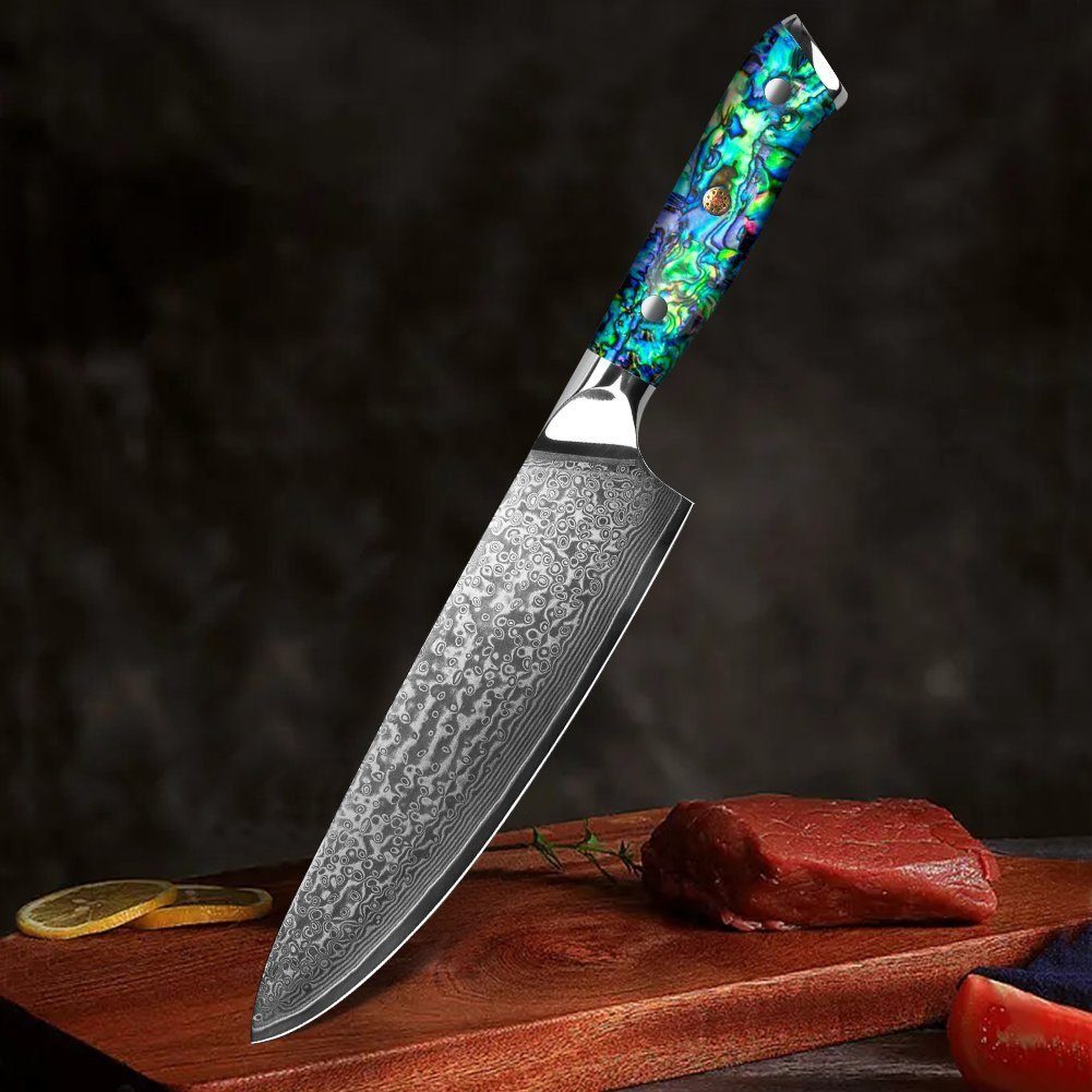 KingLux Damastmesser 20cm Kochmesser aus 67 Lagen Damaststahl Abalone-Muschel Griff | Damastmesser