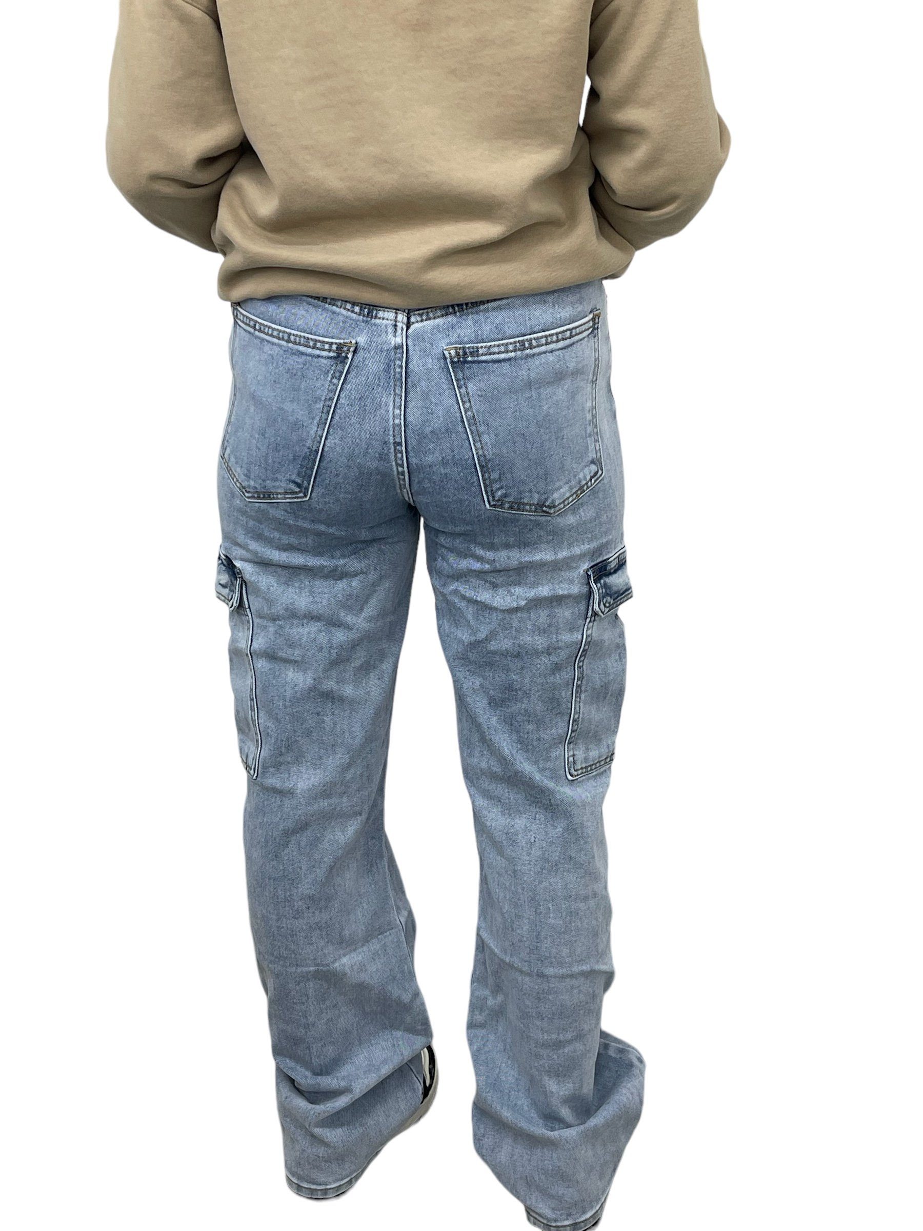 MISS Trending Cargotaschen HELLO Wide Jeans Beine, Cargo Jeansblau Cargojeans Leg mit Cargohose breite
