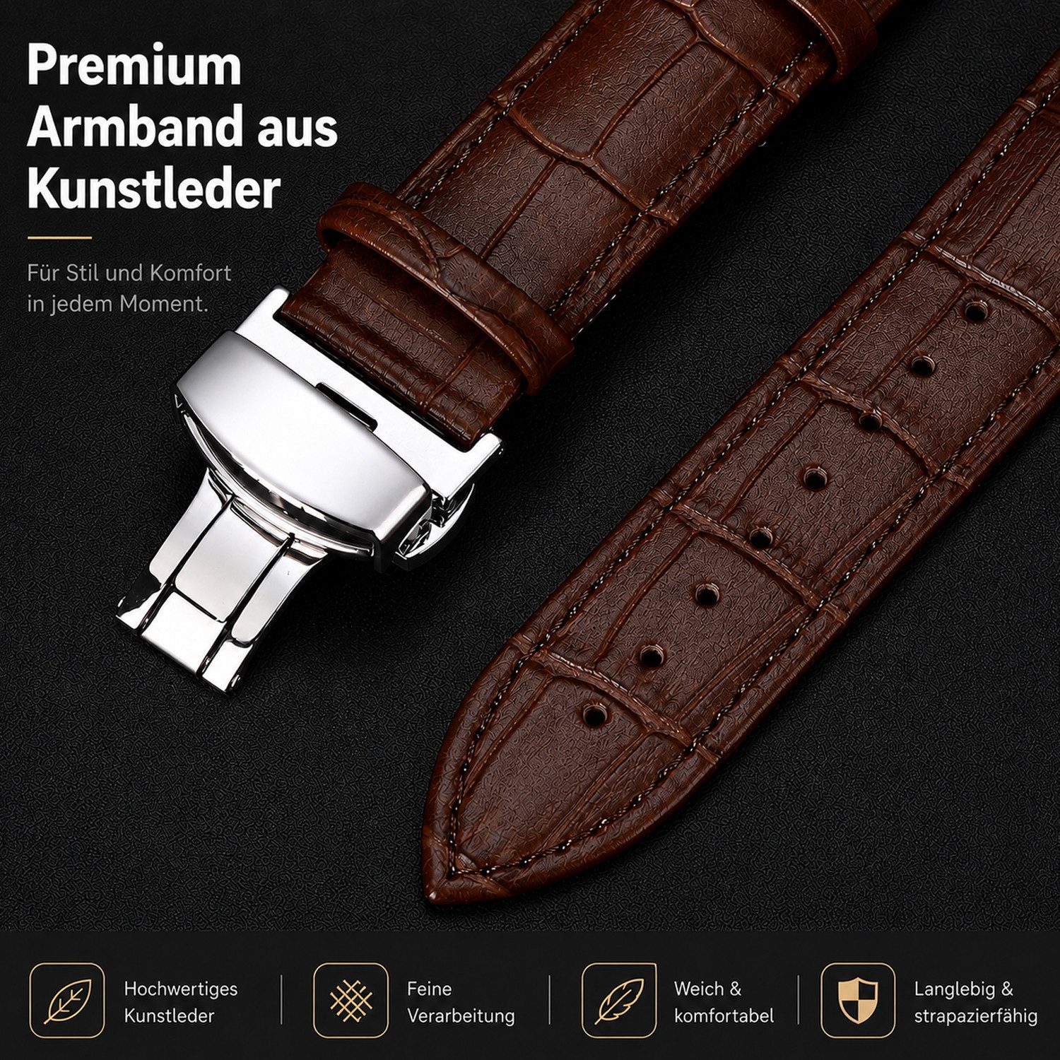 BOOD Uhrenarmband Leder‑Uhrenarmband mit Schmetterlingsschnalle,20/22mm Breiten,5 Farben