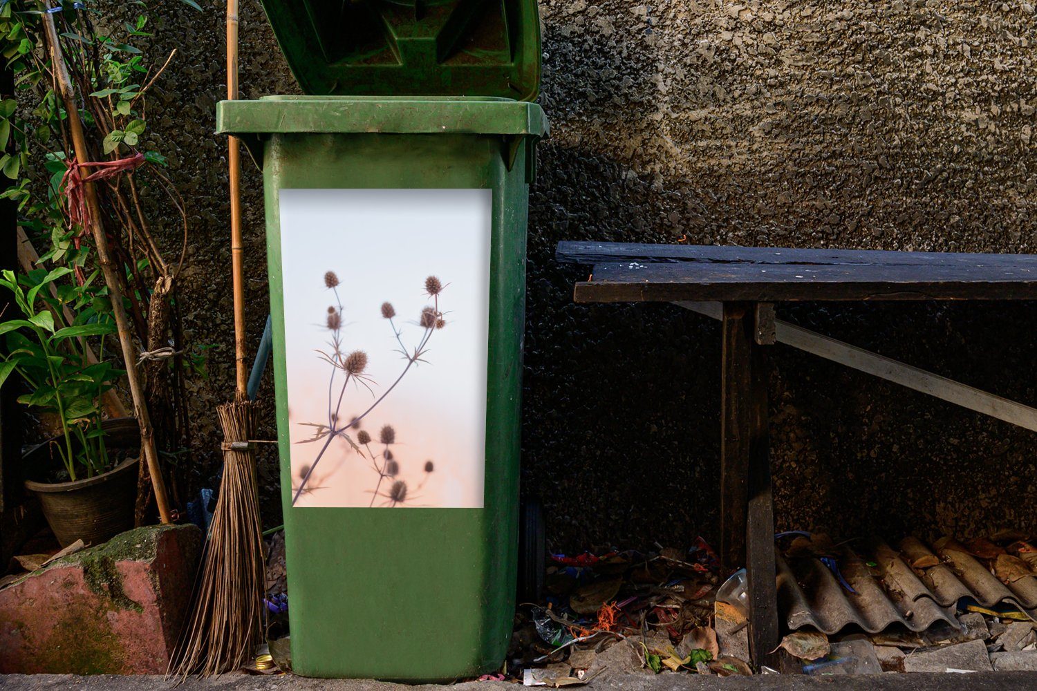 MuchoWow Pastell Mülleimer-aufkleber, Himmel Blumen - Abfalbehälter Sticker, Wandsticker - St), Container, Getrocknete Mülltonne, (1