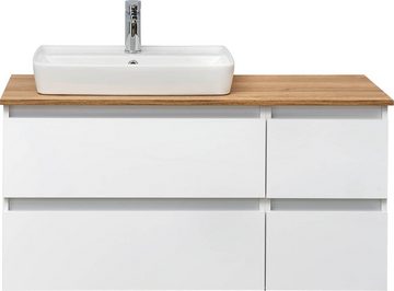 Saphir Waschtisch Quickset 360 Waschplatz mit Keramik-Aufsatzbecken, wandhängend, Waschtischplatte, 113 cm breit, Weiß Glanz, 4 Schubladen