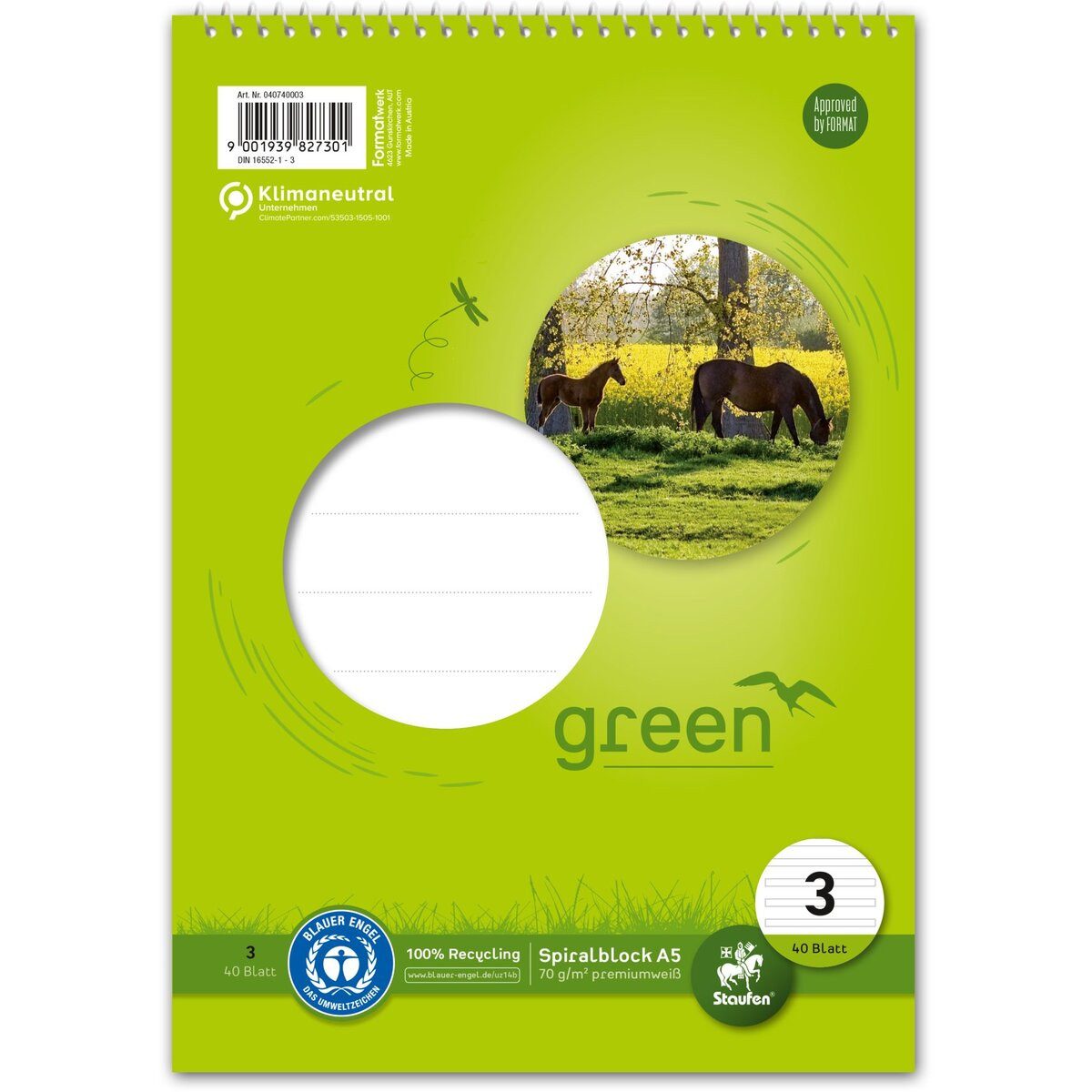 Staufen Notenblock Spiralblock Green A5 Kopf 70 g/qm Lineatur 3 40 Blatt