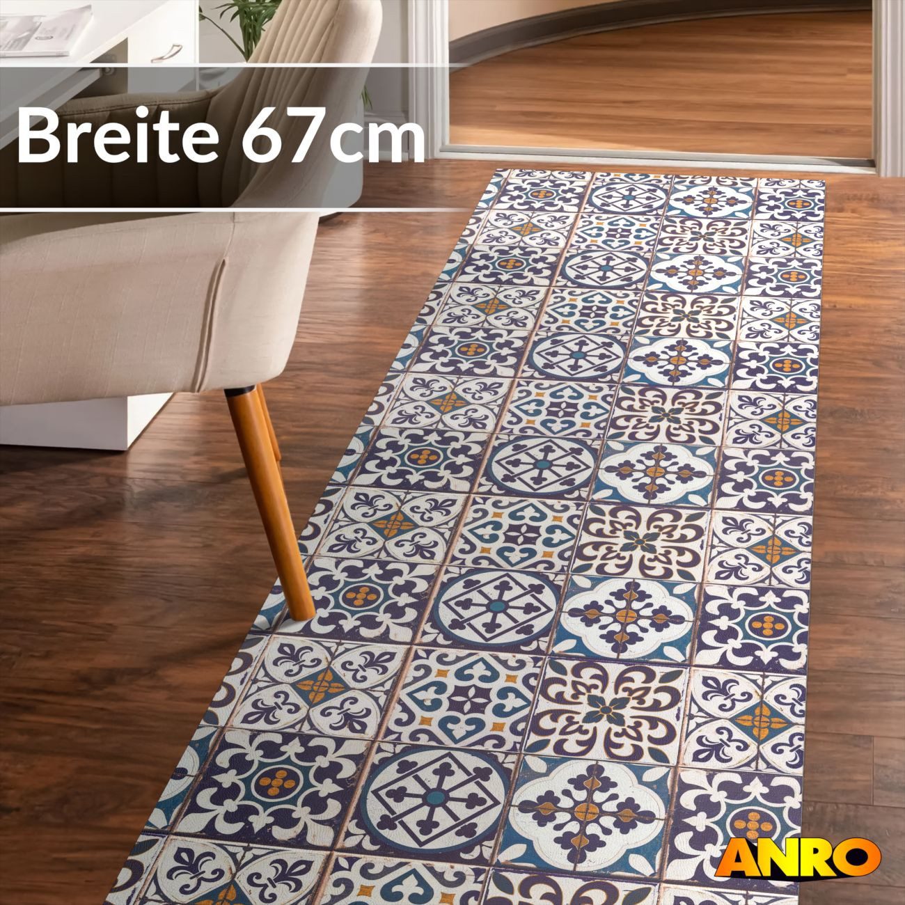 ANRO Küchenläufer abwaschbar Arabesk LADY Läufer stark pflegeleicht Küchenteppich, Rechteckig, Höhe: 3 mm, robust schmutzabweisend 67x100cm Boho Blau robust – Bild 3 von 5