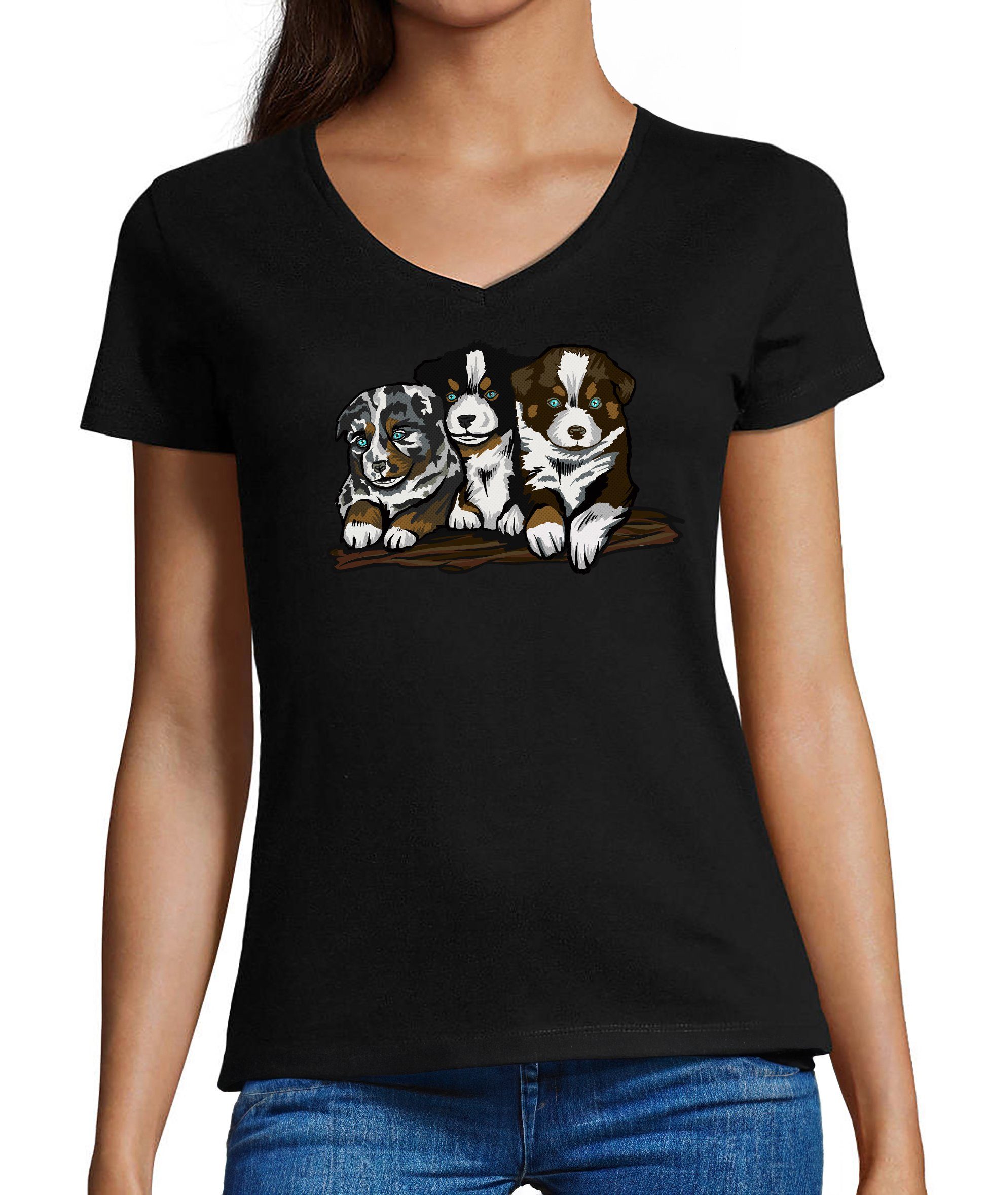 T-Shirt Damen Hunde Print Shirt - Drei Hundewelpen