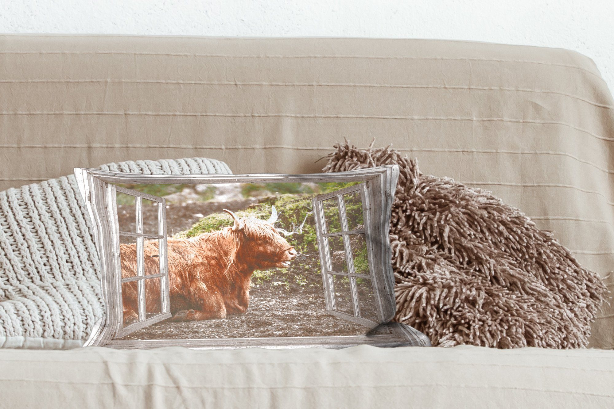 Dekokissen Füllung, - Schlafzimmer MuchoWow Dekoration, Pflanzen, - Ansicht Schottische Natur - Highlander Dekokissen Wohzimmer mit Zierkissen,