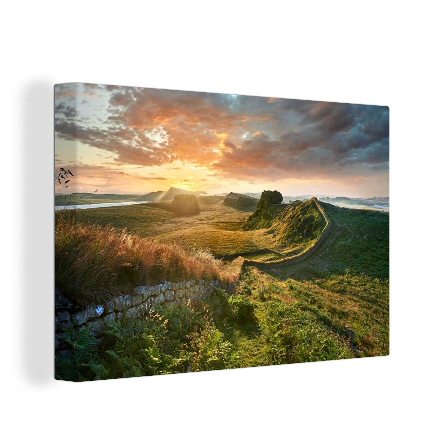 OneMillionCanvasses® Leinwandbild Der historische Hadrianswall in England bei Sonnenuntergang, (1 St), Wandbild Leinwandbilder, Aufhängefertig, Wanddeko, 30x20 cm