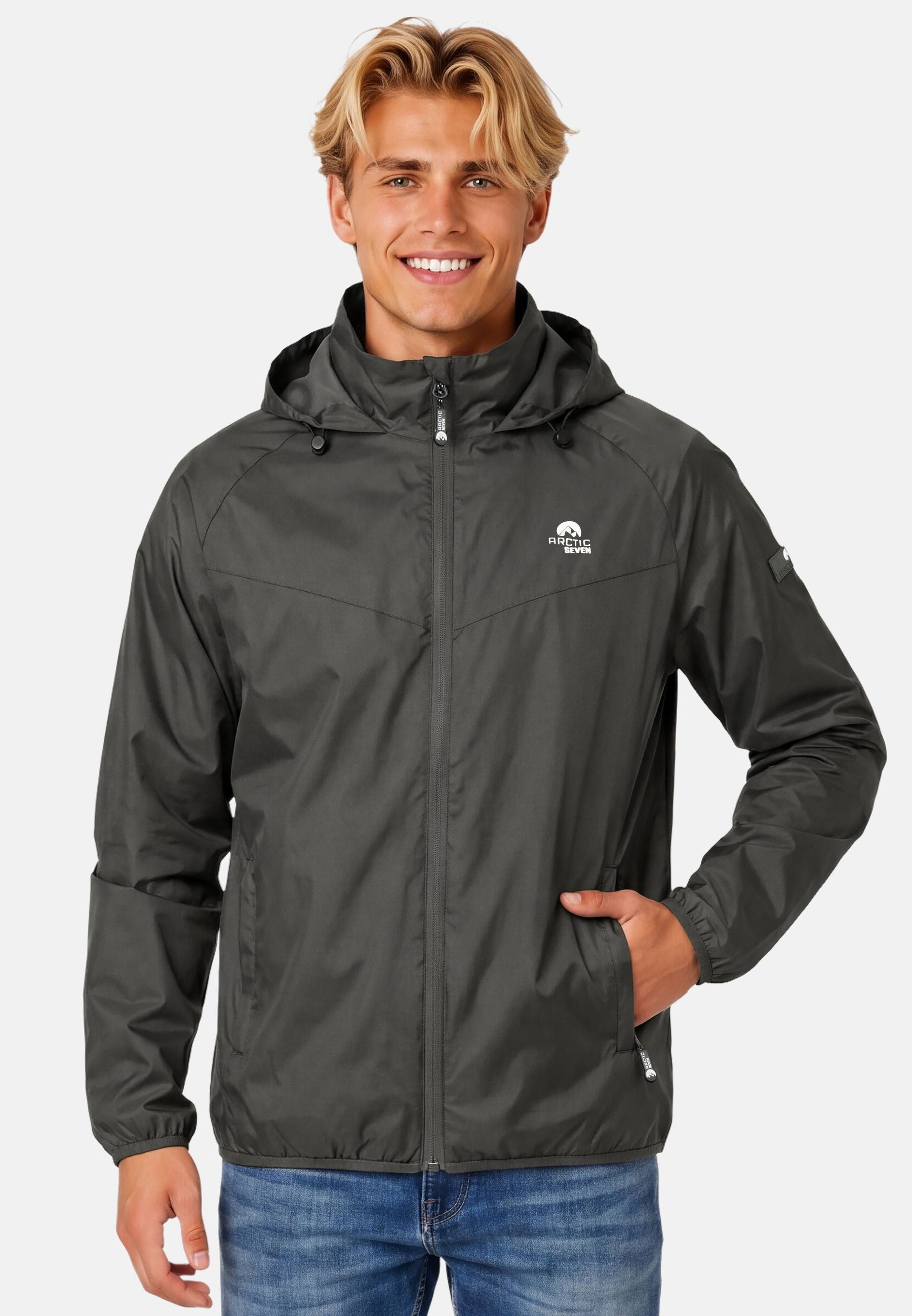 Arctic Seven Regenjacke Herren leicht mit Kapuze – Wasserabweisende Outdoorjacke mit hochstehendem Kragen