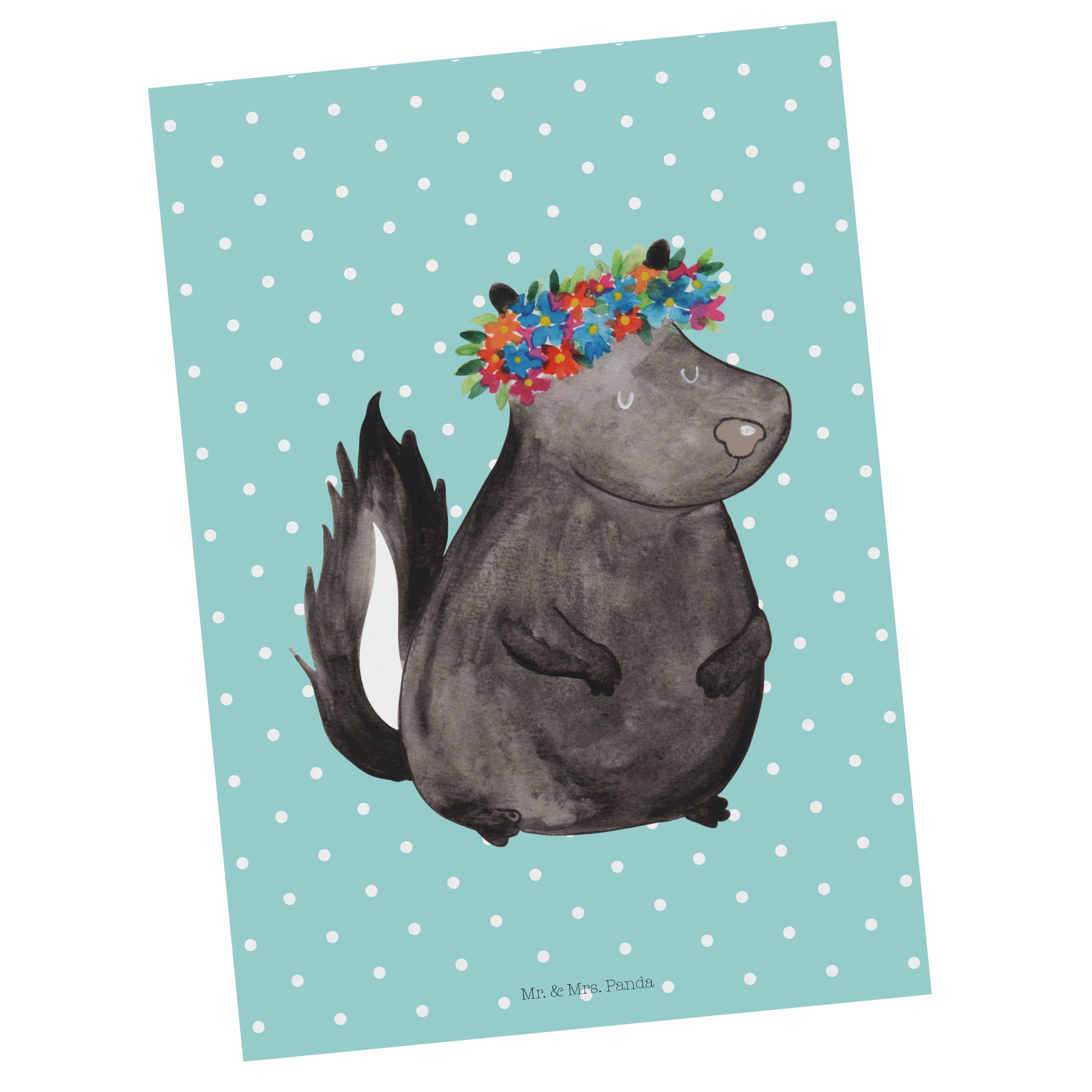 Mr. & Mrs. Panda Postkarte Stinktier Blumenmaedchen - Türkis Pastell - Geschenk, Dankeskarte, Yo