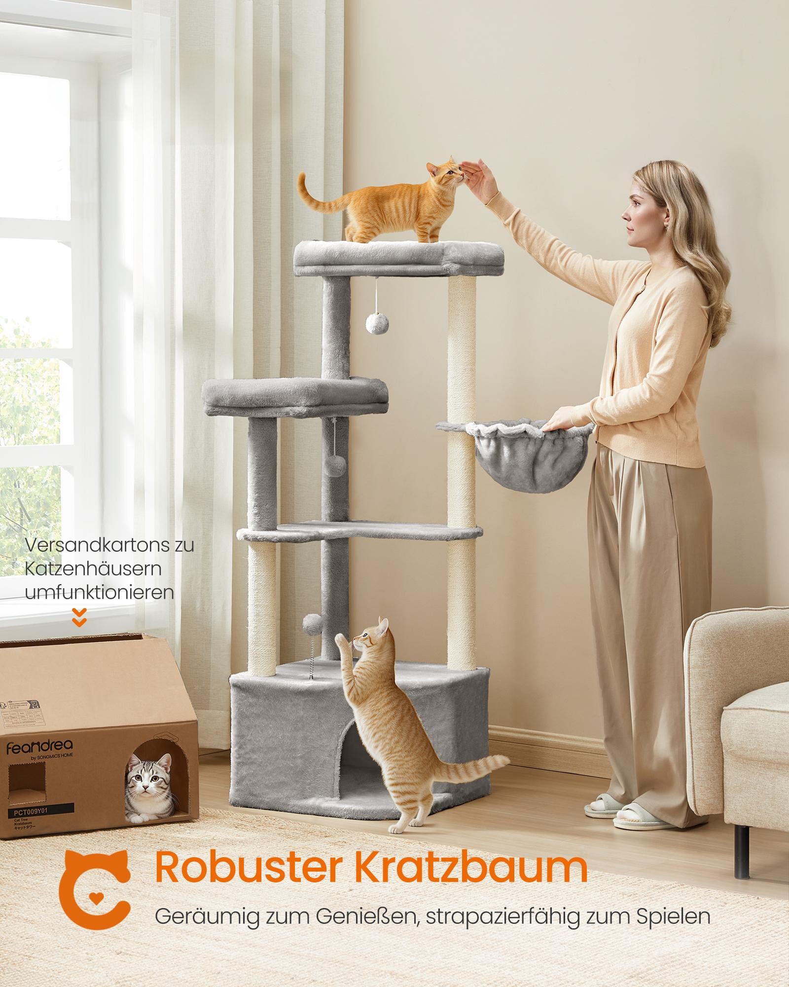 FEANDREA Kratzbaum für Raumecke, Katzenbaum mit großer Kuschelhöhle, mehr Stabilität
