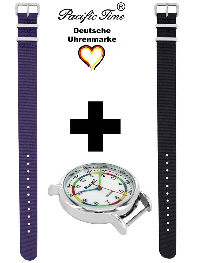 Pacific Time Quarzuhr Set Armbanduhr Kinder First Wechselarmband, schwarz Mix violett Design Gratis - Lernuhr Match Versand und und