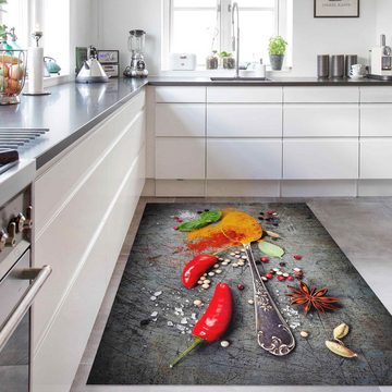 Teppich Küche Vinyl Innen Löffel mit Gewürzen modern funktional, Bilderdepot24, rechteckig - orange glatt, nass wischbar (Küche, Tierhaare) - Saugroboter & Bodenheizung geeignet