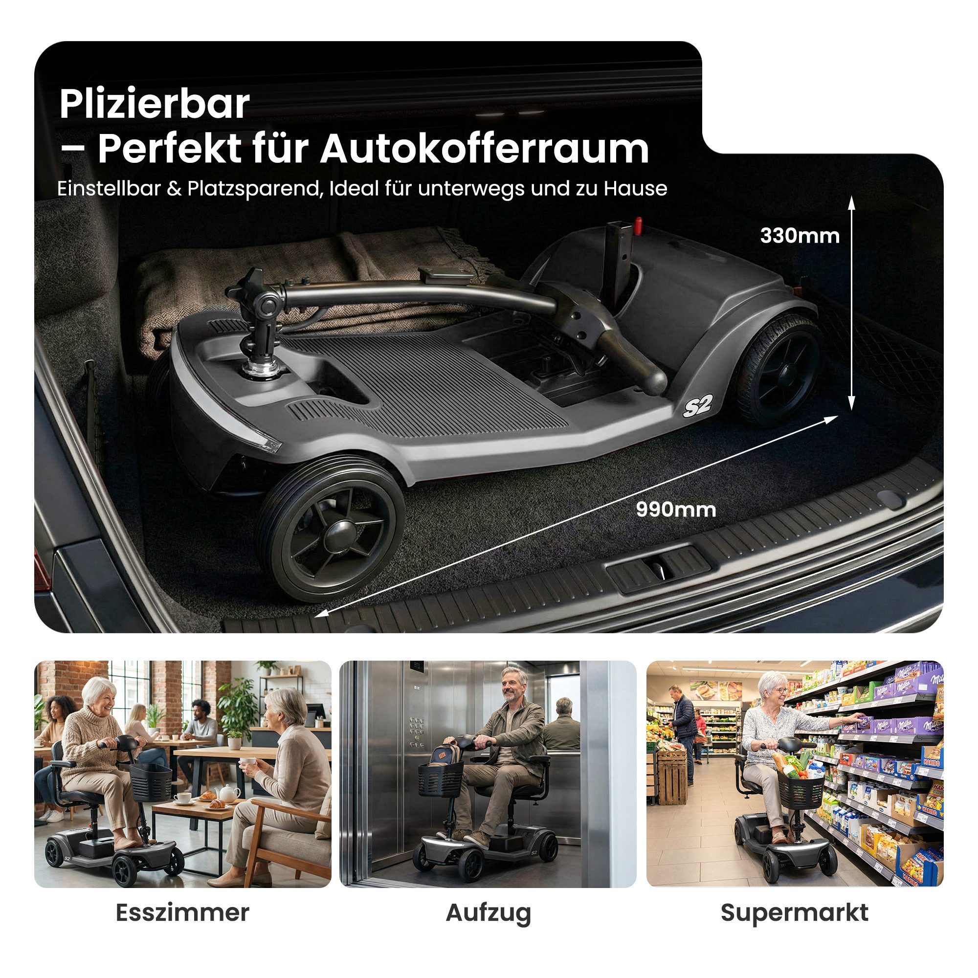 LVHOM Elektromobil faltbar Seniorenmobil, 4-Rad-Scooter, 15-25km, 12Ah, 250 W, 6 km/h, (abnehmbar Blei-Säure-Ionen Batterie + USB-Ladeanschluss + Vorderer Aufbewahrungskorb + Atmungsaktiver Höhenverstellbarer Sitz + verstellbarer Lenker + XXL-Fußraum), 136 kg Tr.Kr. Gesamtgewicht: 37kg