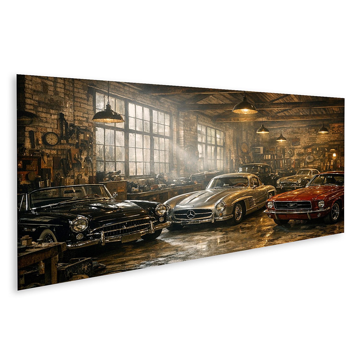 islandburner Leinwandbild Klassische Autosammlung in vintage Werkstatt-Atmosphäre