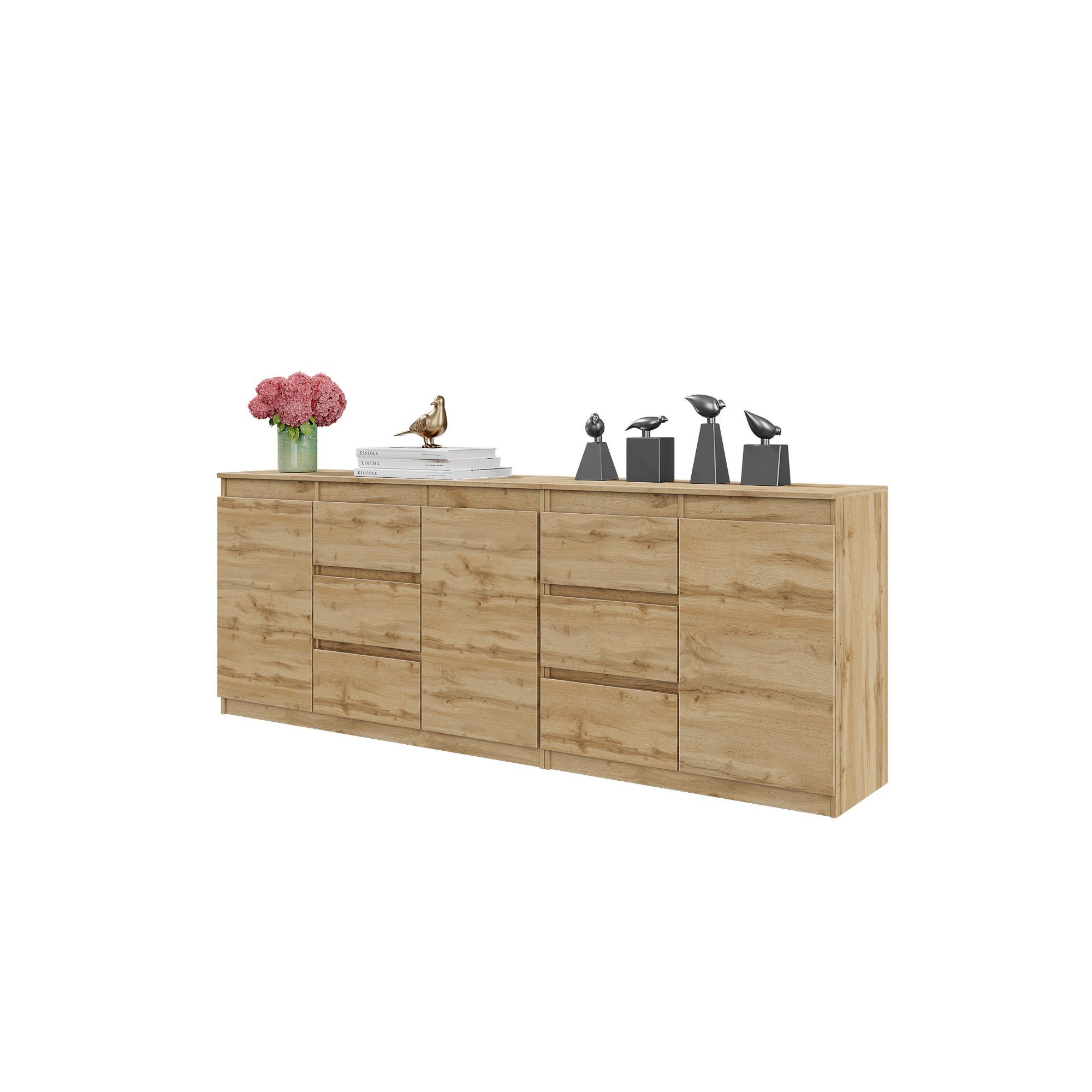 Furnica Kommode MIKEL, 6 Schubladen und 3 Türen - Votan Eiche H75cm B200cm T35cm