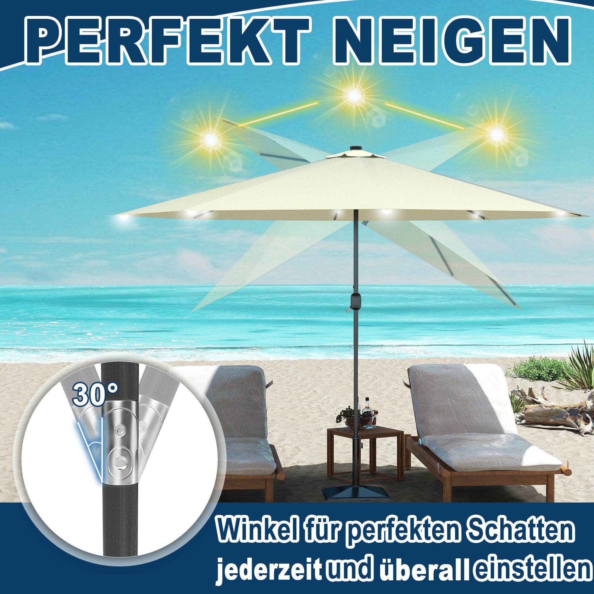 FIVMEN Sonnenschirm 300cm Solarbetriebene mit LED Sonnenschirm mit Kurbel Marktschirm, UV-Schutz Kurbelschirm für Garten & Terrasse – Bild 3 von 5