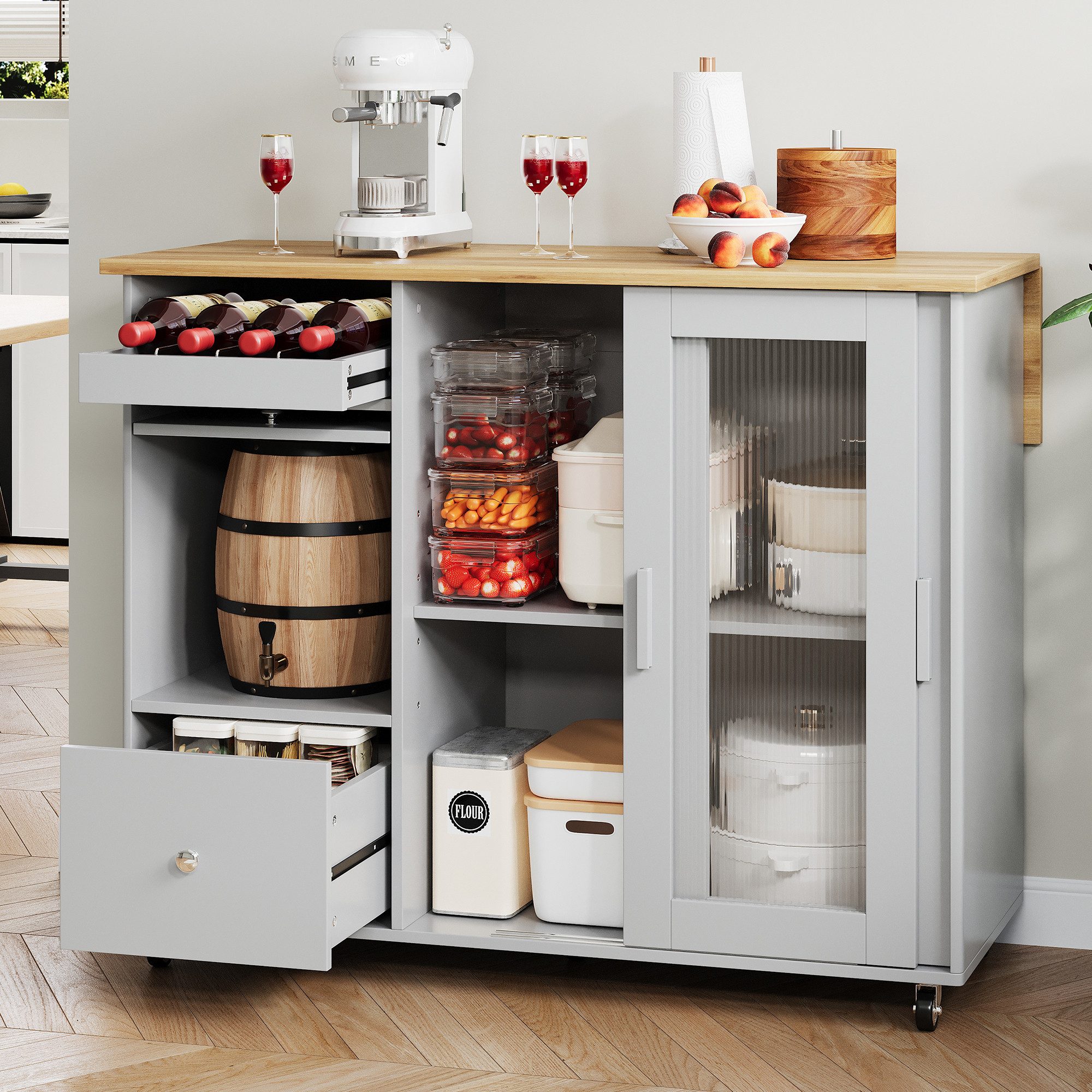 Odikalo Кухниinsel Кухниbuffet Esswagen Кухниschrank mit Weinregal Stauraum Weiß/Grau