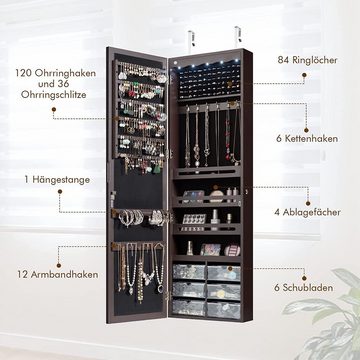 KOMFOTTEU Schmuckschrank Schmuckregal mit LED-Beleuchtung & Schubladen, Braun