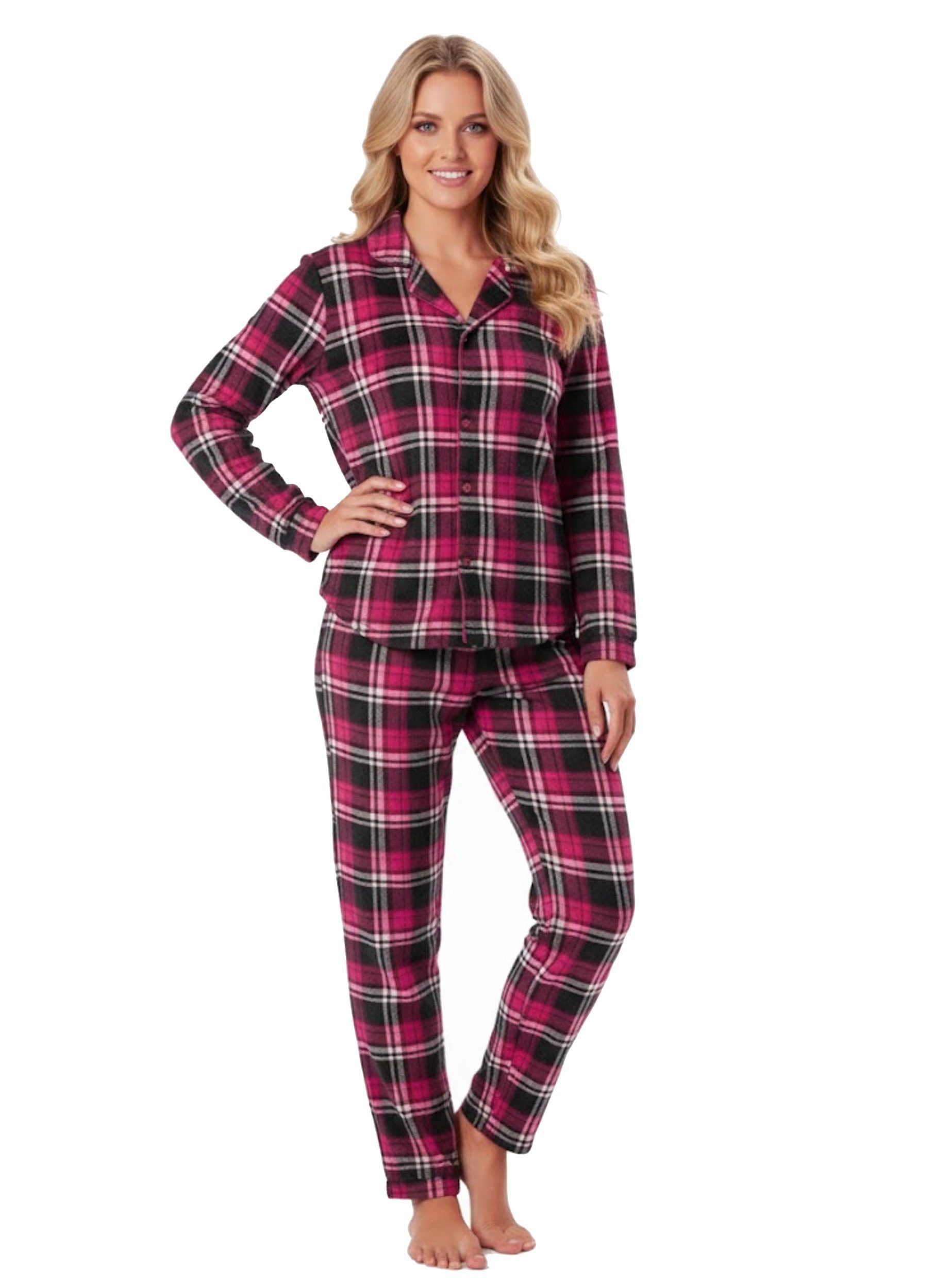 Cocain underwear Schlafanzug Damen Flauschpyjama Langarm garngefärbtes Karodesign mit Knopfleiste flauschig weich & warm