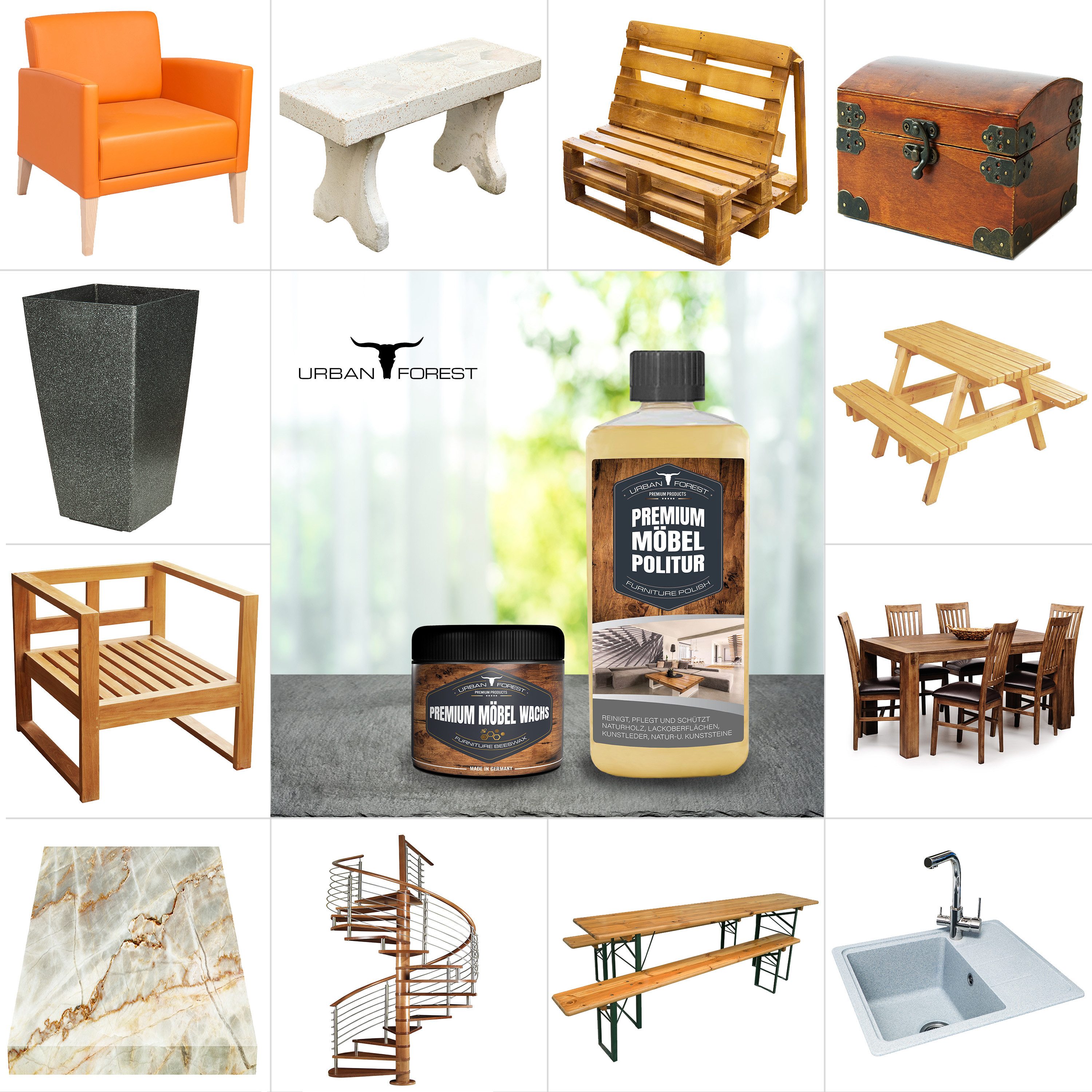URBAN FOREST SET Möbelpolitur 500ml + Möbelwachs 250ml + Schwamm Holzreiniger (3-St)