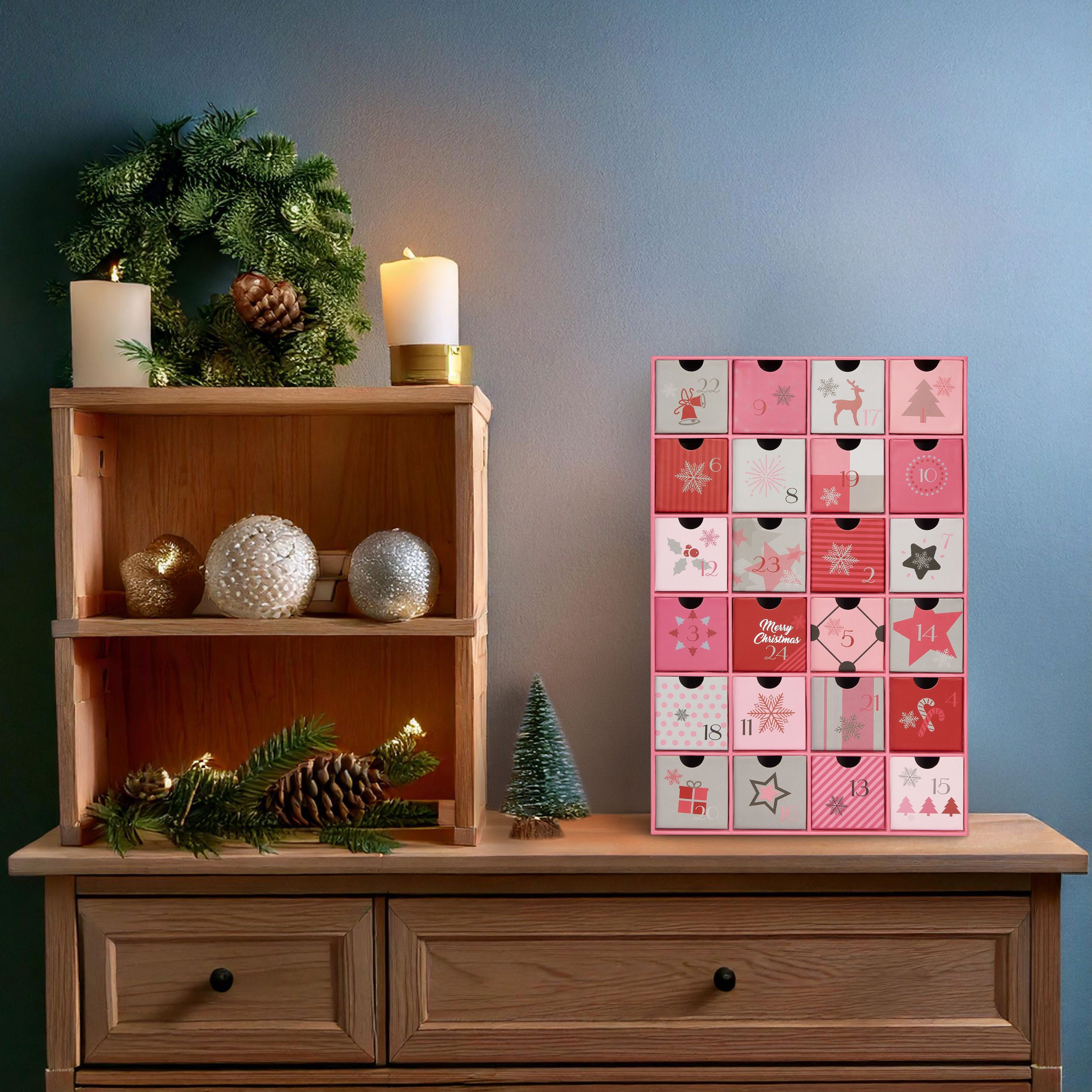 BRUBAKER befüllbarer Adventskalender DIY Weihnachtskalender zum Befüllen für Frauen & Mädchen - Rosa Pink (1-tlg), Weihnachtszauber Kalender mit 24 Türchen - 39 cm