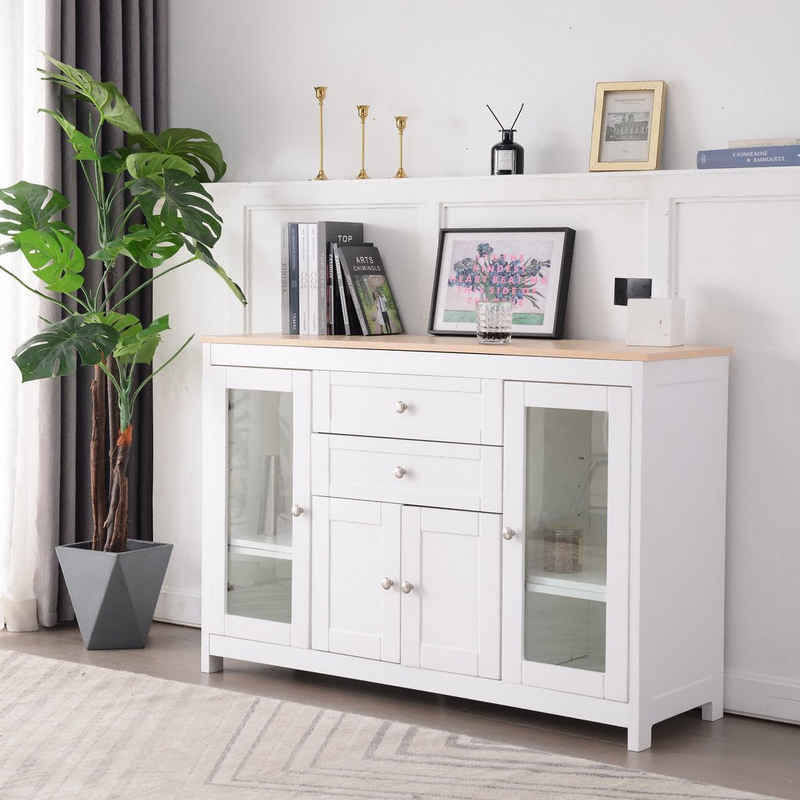 Fangqi Anrichte »Modern Sideboard mit weißer Holzmaserung, Glass Türen, zwei Schubladen für Wohnzimmer Esszimmer«