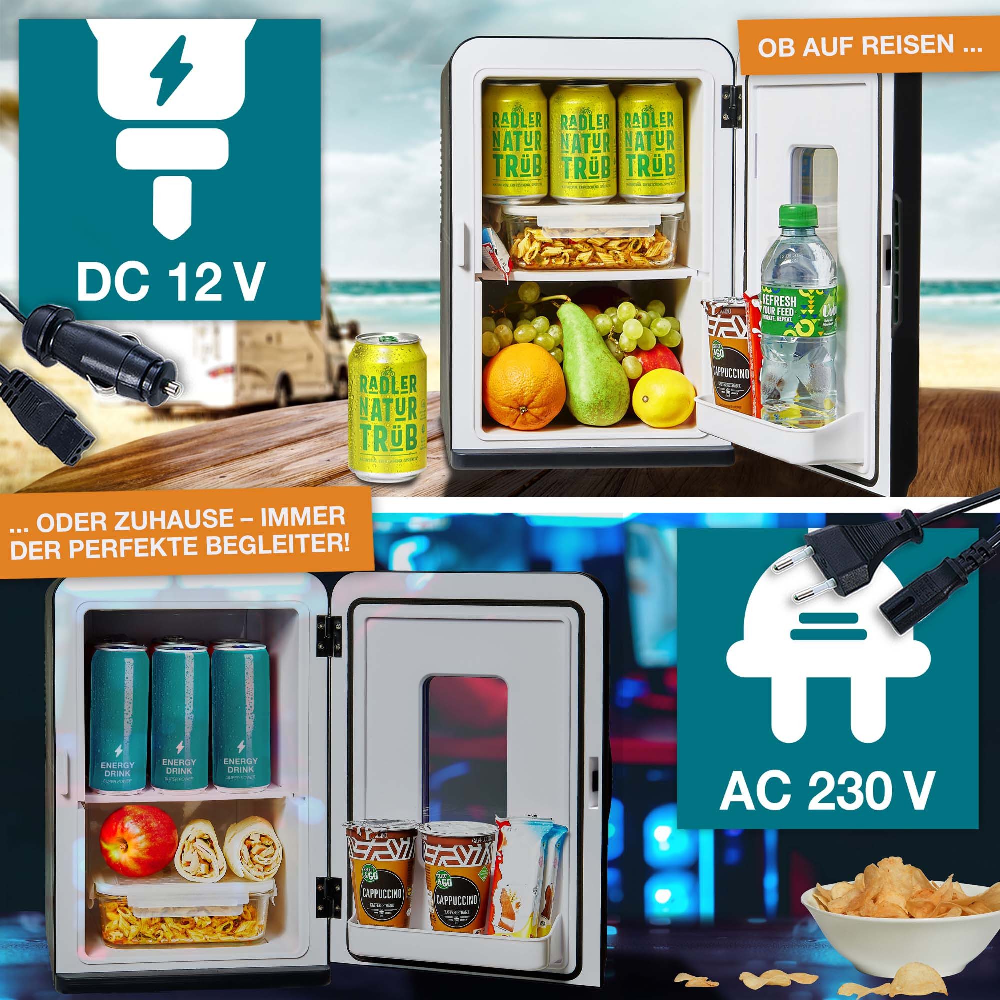 TOM Kühlbox 2in1 Mini Kühlschrank inklusive 4 Trinkbecher, 15 l, 12V, 230V, kühlen & erwärmen