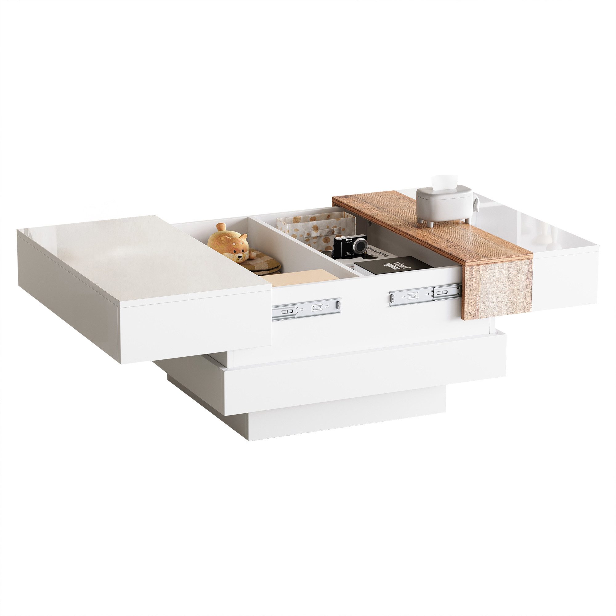 MODFU Couchtisch Quadratischer Couchtisch mit Ausziehfunktion (Beistelltisch, Sofatisch, Wohnzimmertisch, 1-St., 70*70*39cm), mit verstecktem Stauraum