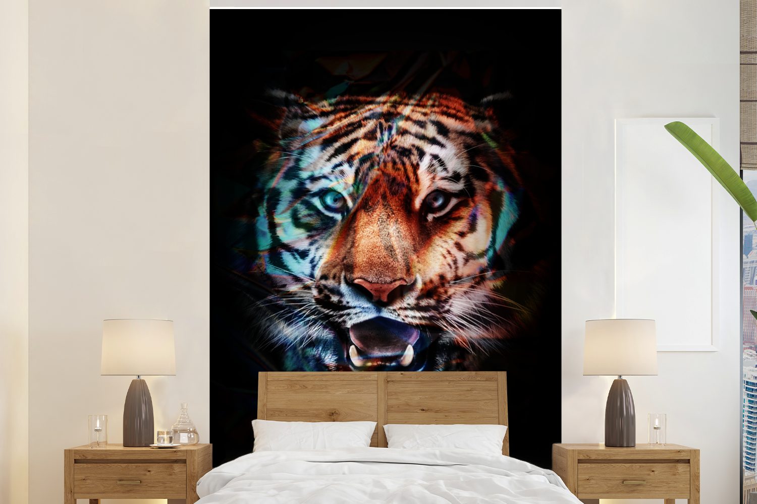 MuchoWow Fototapete Tiger - Farben - Schwarz, Matt, bedruckt, (3 St), Montagefertig Vinyl Tapete für Wohnzimmer, Wandtapete