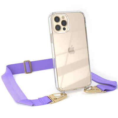 EAZY CASE Handykette Silikon Kette für Apple iPhone 12 iPhone 12 Pro 6,1 Zoll, Hülle mit Band 2in1 Handyband Etui Case mit Kordel Flieder Lila Gold