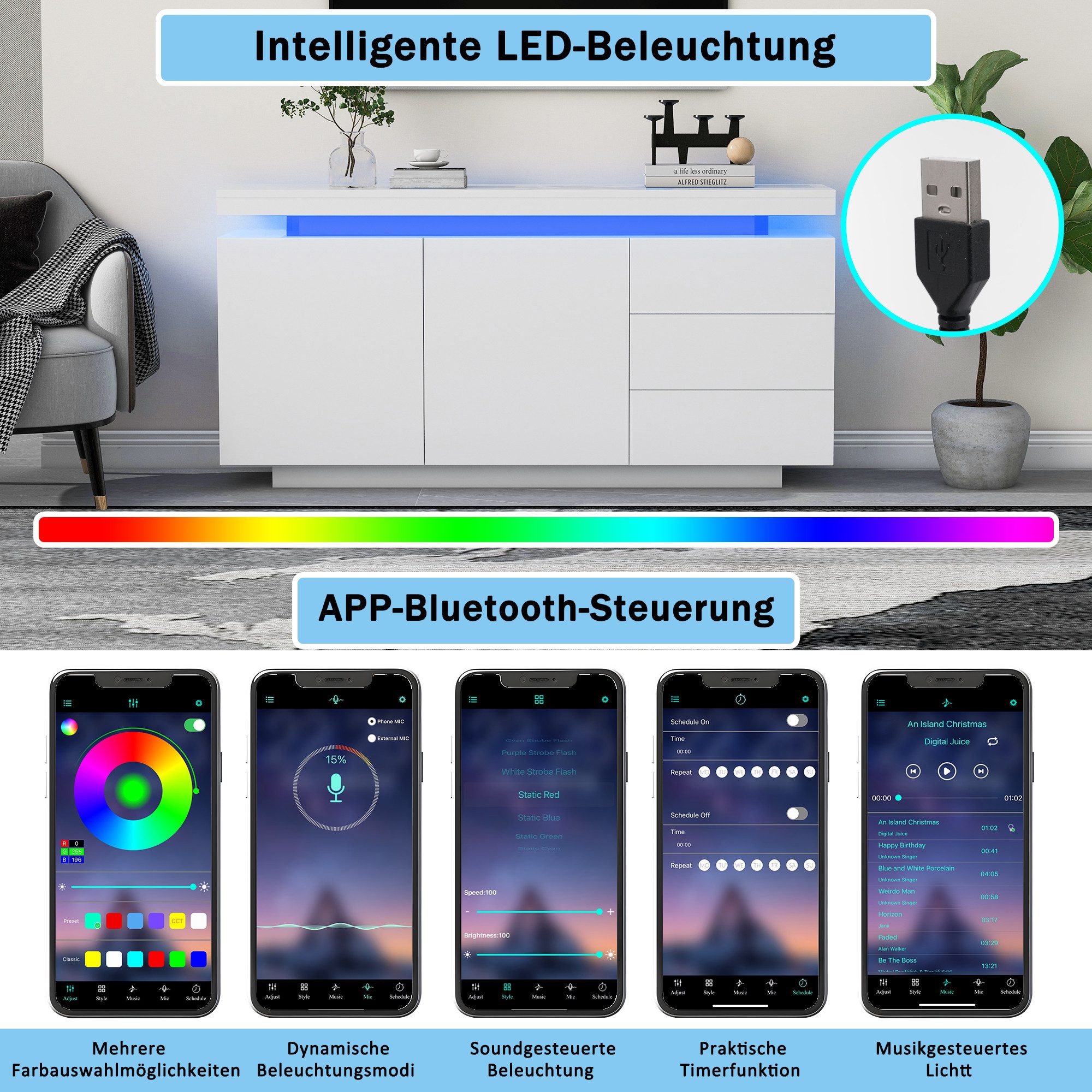 Merax Sideboard hochglanz mit LED inkl. APP, Schubkastenkommode (1 St), Lowboard Beistellschrank Anrichte mit 2 Türen & 3 Schubladen, B: 140cm